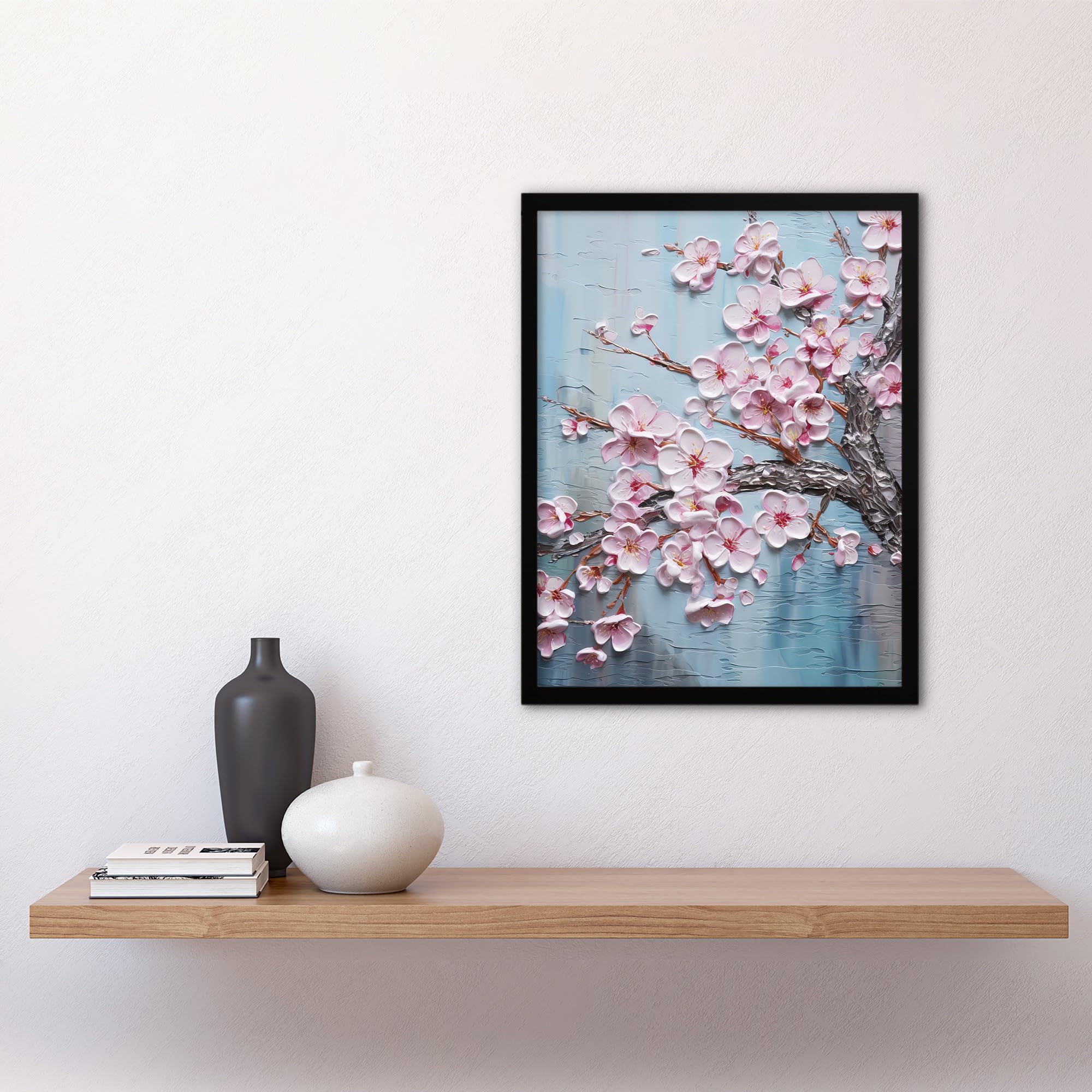 Artery8 Cherry Blossom Splendor Delicate Elegant Pink And Soft Blue Oil Painting Art Print Framed Poster Wall Decor 12x16 inch - Image 4