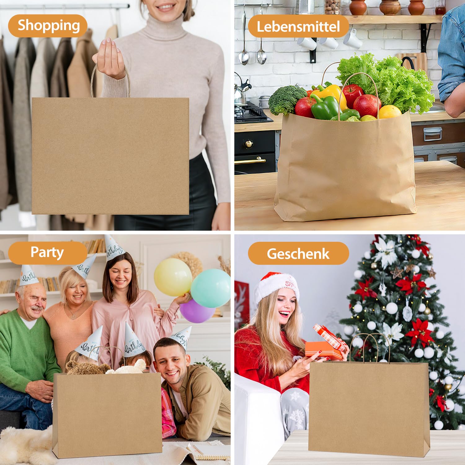 50 sztuk torebek prezentowych XL z uchwytami, torby do przechowywania, na urodziny, wesela, Dzień Matki, zakupy, DIY, duże 40,6 x 15 x 30,5 cm, brązowe, luzem, 50 sztuk