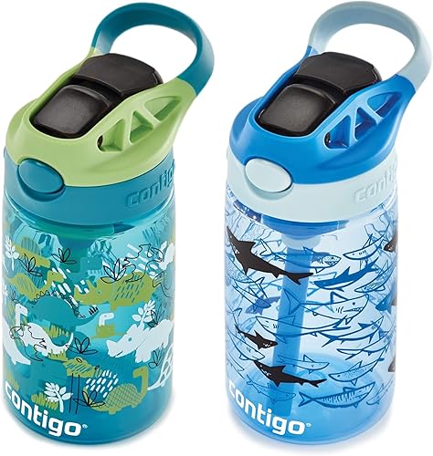 Miniatura 5 de Contigo - Paquete de 2 botellas de agua Aubrey para niños, 14 onzas, diseño de dinosaurios y tiburones, tapa a prueba de derrames, apta para