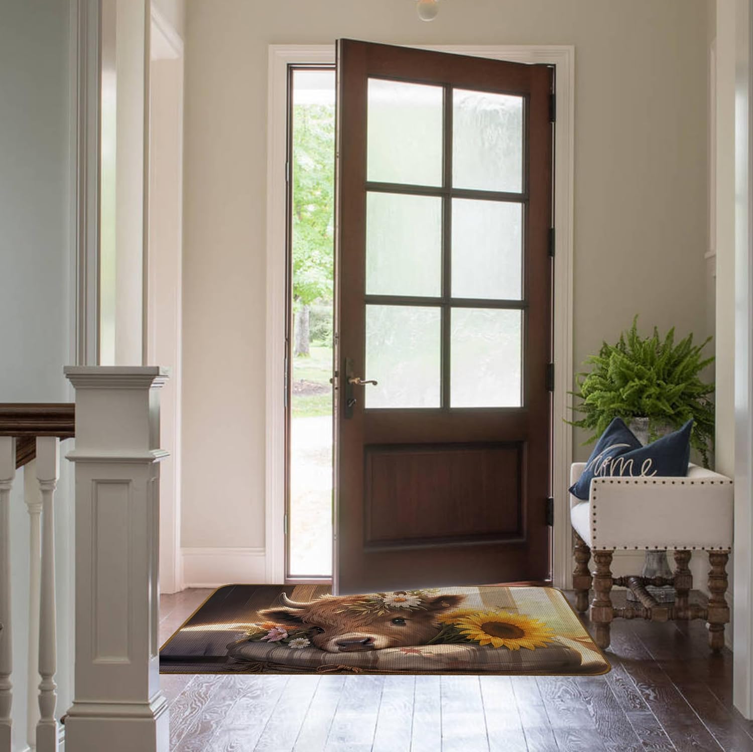 Highland Cow Doormat, Rustic Daisy Sunflower Highland Cow Non-Slip Door Mat Outdoor Indoor Entrance, Farmhouse Heifer Welcome Mat for Front Door Porch Entryway, 17x30 Inch