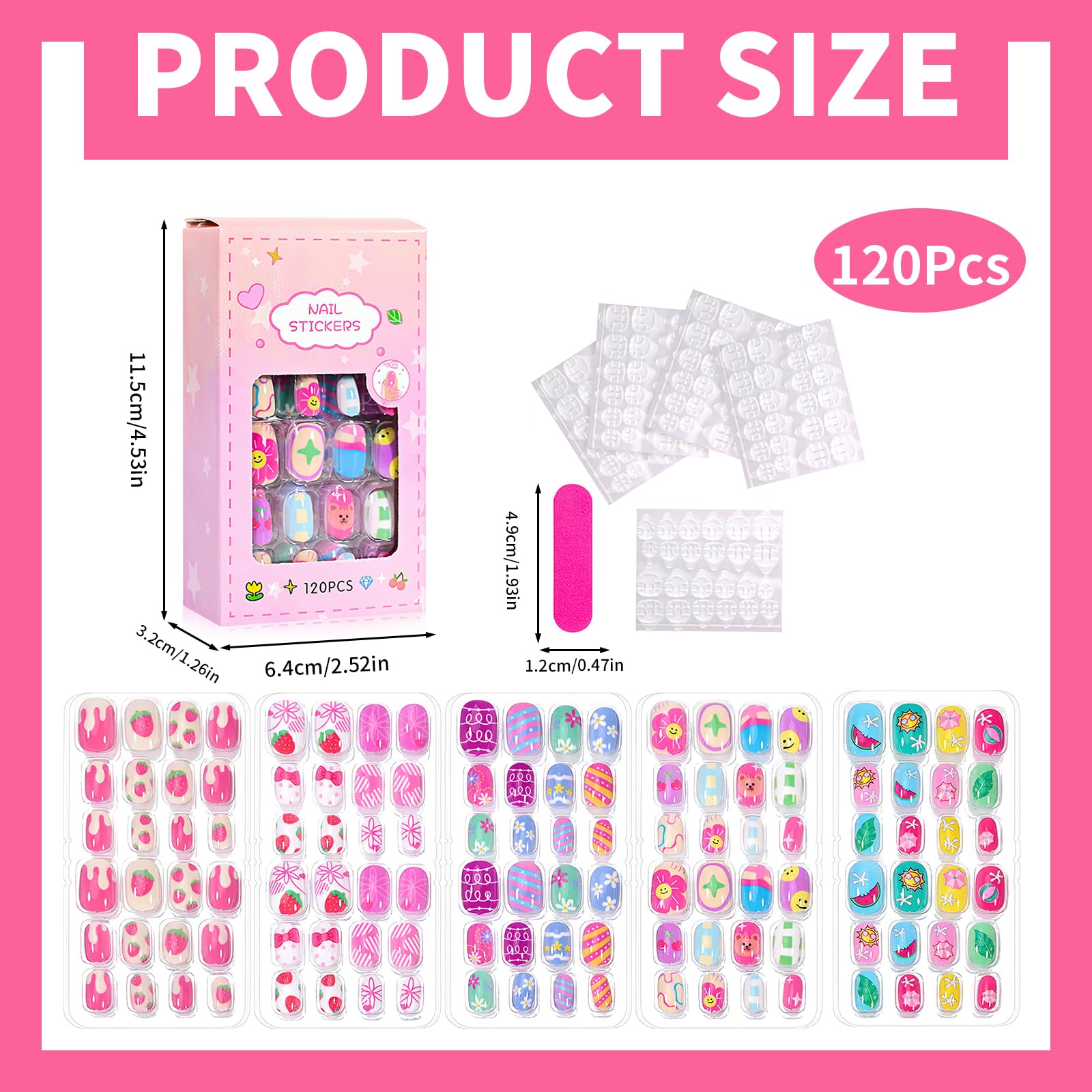 120PCS Kids Stick on Nails Kids False Nails for Girls Cute Pink Fake Nails for Girl Short Press on Nails with Stickers Full Cover Fingernail Lovely Gift for Girls Nails Art Decoration (Style1) - Image 2