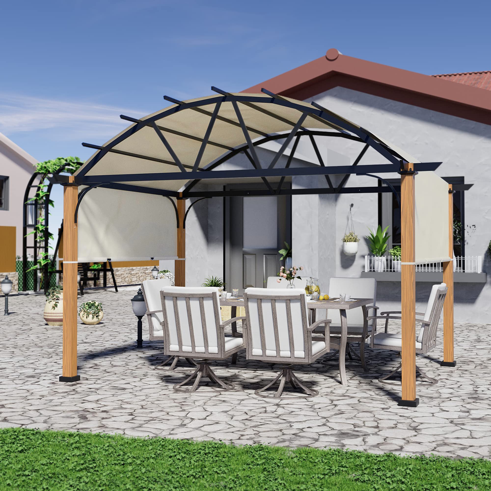 HAPPATIO10' X 13' Outdoor Pergola with Sling Retractable Canopy and Wood-Like Aluminum Frame for Patio, Backyard, Garden, Poolside