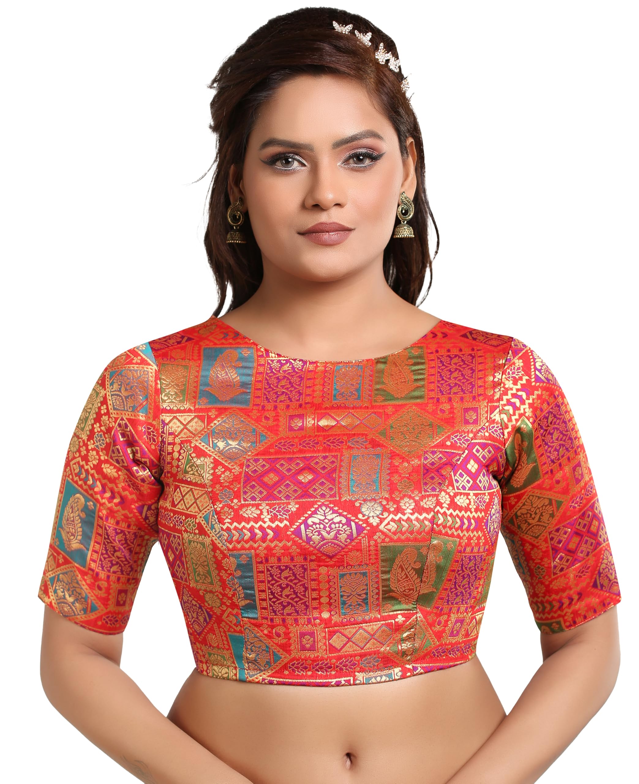 madhu fashion Women's Multicolor Brocade Readymade Saree Blouse-picture-39