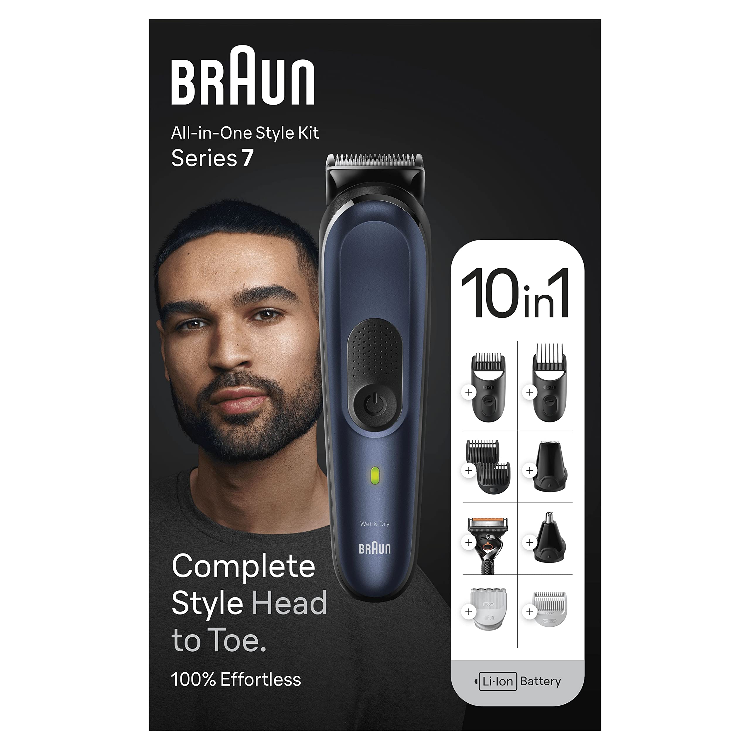 Braun Tondeuse Homme, Tout-en-Un Series 7 MGK7410 10-en-1, Noir et Bleu | Etanche, Batterie Rechargeable, Lame Ultra Affutée, Coffret avec des Sabots Dédiés, Rasoir Gillette