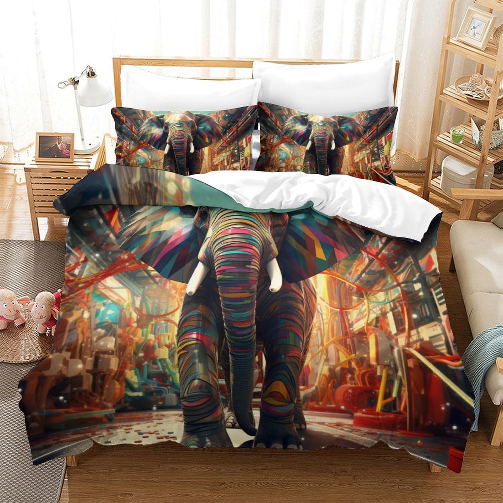 Housse de couette éléphant 3D microfibre respirante et zippée pour lit d'adolescent king size