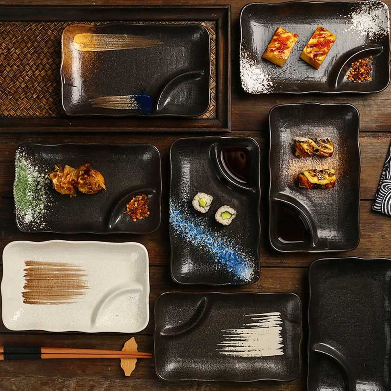 Set di Piatti Rettangolari, Piatto Principale con Scomparto per Salse, Smaltato Liscio E Facile da Pulire, Adatto per La Casa E Il Ristorante,Marrone