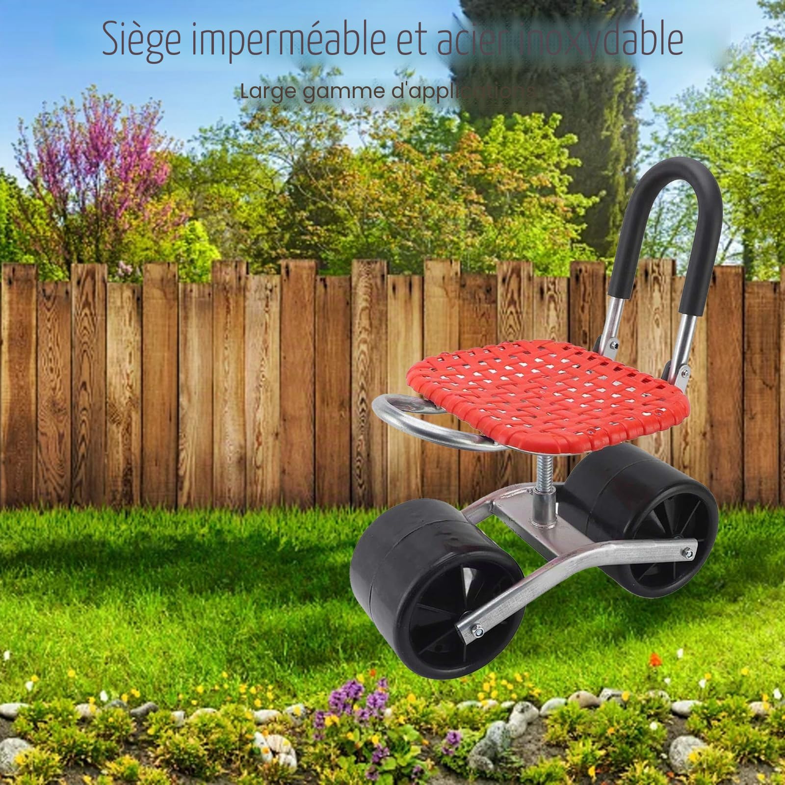 Tabouret de jardin sur roulettes - Charge maximale : 130 kg - Siège de jardin rotatif à 360 ° - Larges pneus en caoutchouc - Pour le jardinage, l'atelier