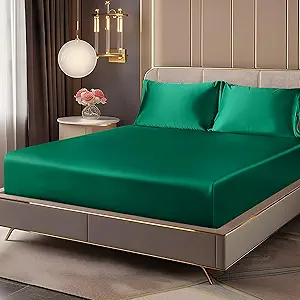 BEDELITE Satin Fitted Sheet and Pillowcase Set, Luxury Soft Similar to Silk Bottom Bedsheet with Elastic Corner Straps, Deep Pocket up to 15 Inch, 1 Fitted Sheet and 1 Pillowcase(Twin XL, Dark Green)