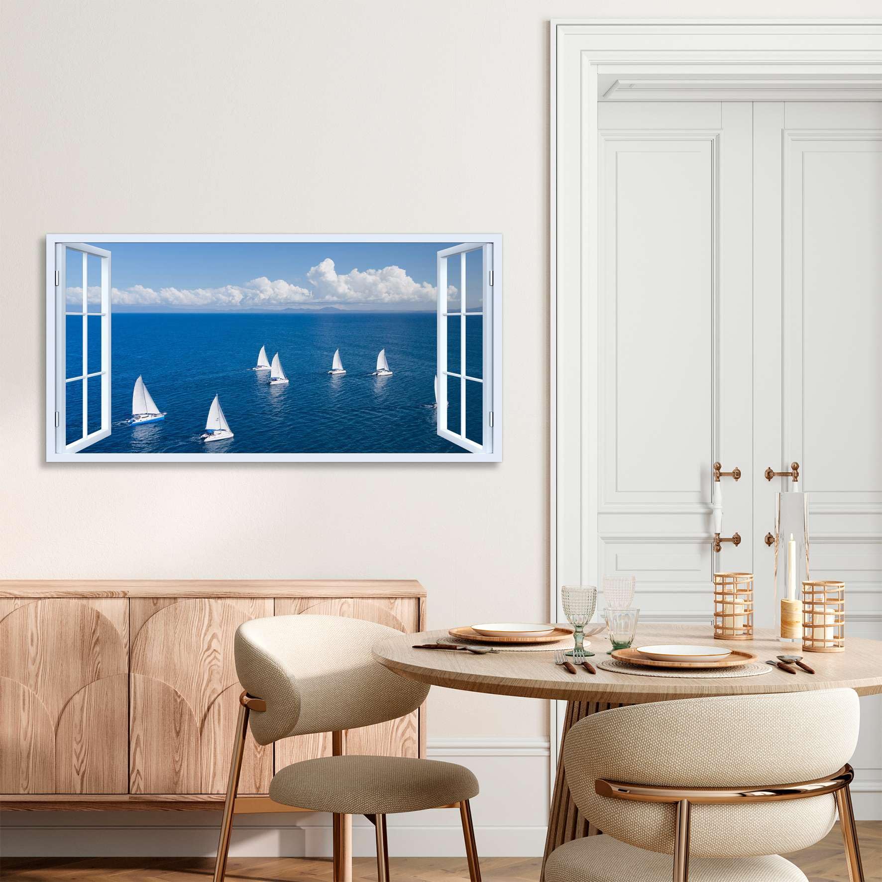 Generico Quadro finestra Barche a Vela sul Mare - Stampa su tela con telaio in legno - 140x70 cm