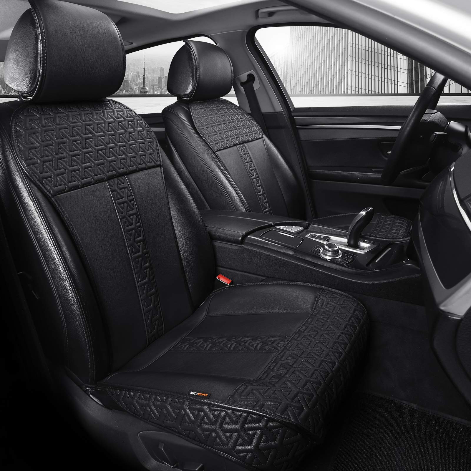 Auto Newer Leather PU Car Seat Cover, Luxury Universal Front Car Seat Cushion, Full Wrapped Edge Waterproof Car Seat Protectors , Universal Fit for 95% Cars,SUV,Trucks(2PCS,Black)