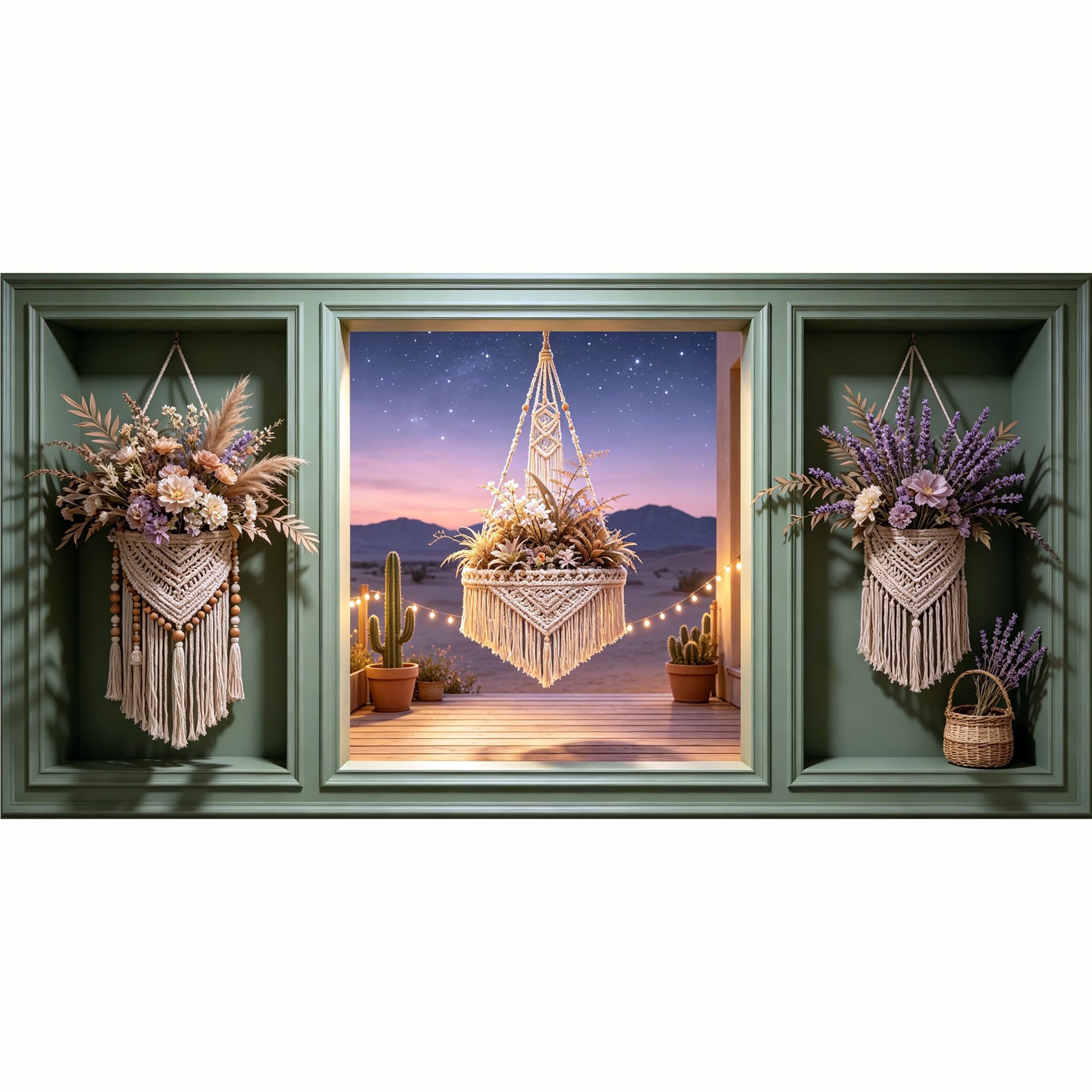QZLITHOTIC 50x100cm 3D Framed Wall Art， Bohemian Macrame Flower Desert Landscape Self‑Adhesive Mural， Water‑Activated Peel & Stick Fabric Decor Wall Decal for Bedroom Living Room