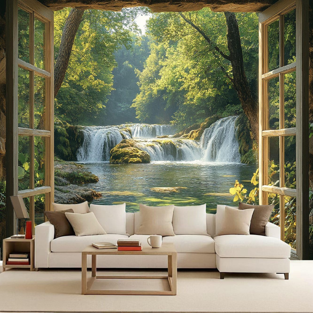 Window Waterfall Wallpaper Mural Natural Scenery Photo Wallpaper Forest Waterfall Scenery 3D Wall Mural 300x210cm Non-Woven Premium Art Print Decoration Poster Picture for Living Room TV Backdrop