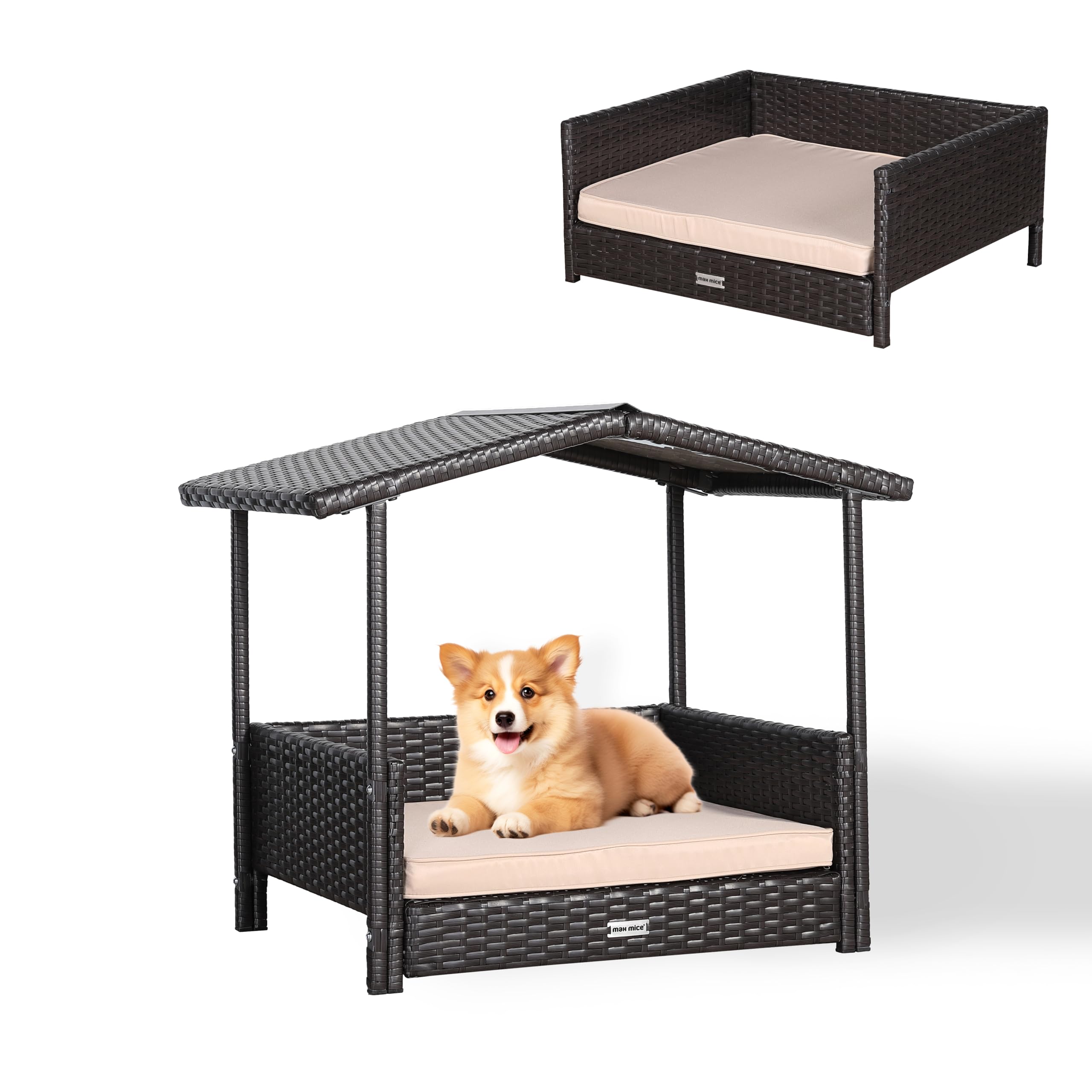 ULTRALAX Wicker Dog House Raised Rattan Dog Bed for Indoor/Outdoor with Weatherproof Roof and Removable Cushion Lounge (BROWN, Small)