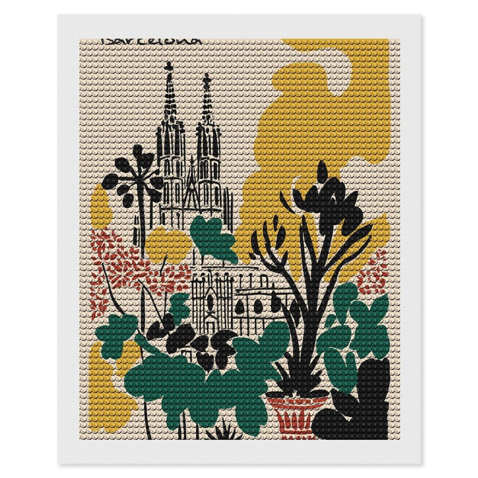 Junmoney Barcelona Cityscape with Floral Elements Round Drill Diamond Painting 16"x20", for Women, Relaxing DIY Hobby, Bedroom Decor, Christmas Gift, Adhesive Canvas