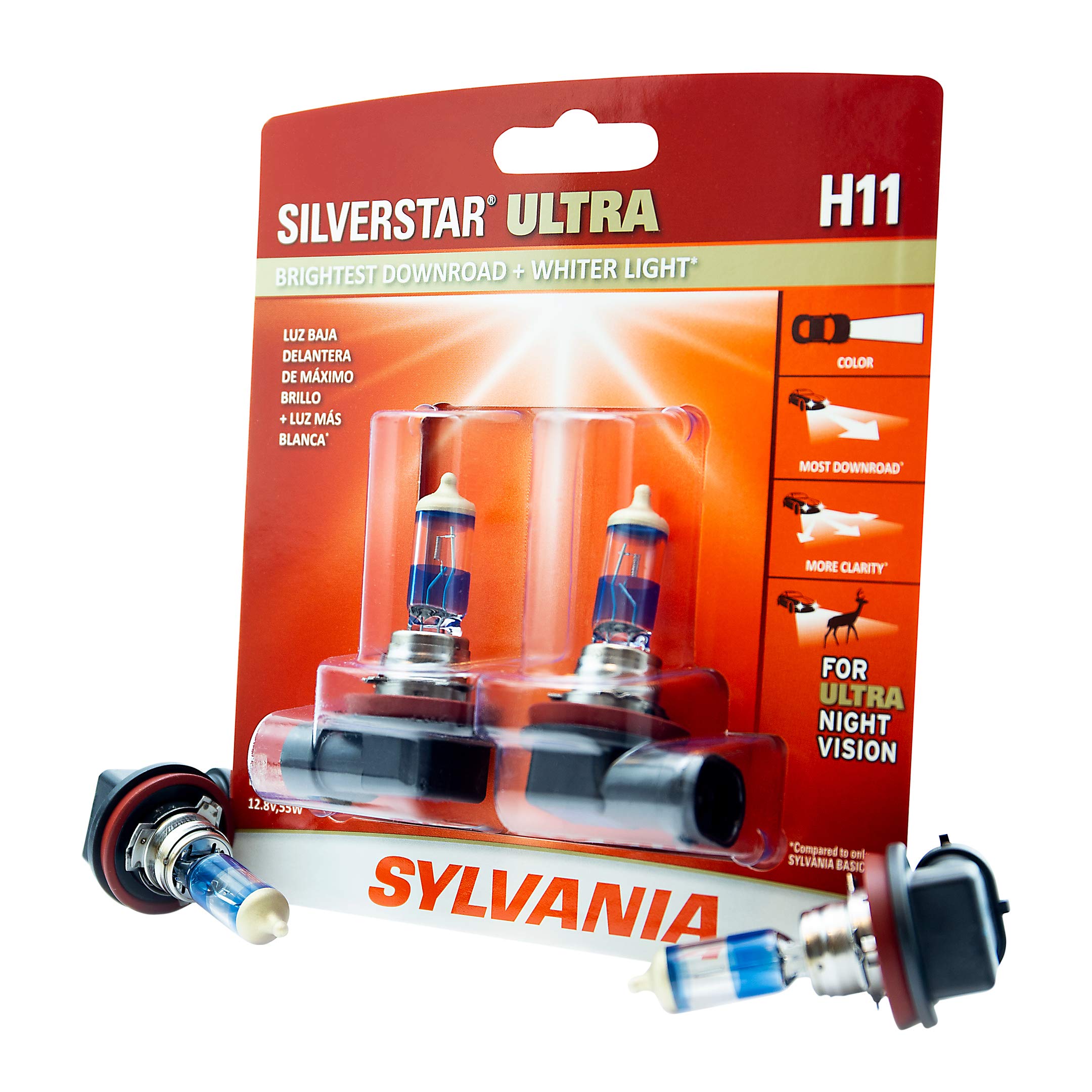 SYLVANIAH11 SilverStar Ultra + FREE Installation Glove - High Performance Halogen Headlight Bulb, High Beam, Low Beam and Fog Replacement Bulb, Brightest Downroad & Whiter Light (Contains 2 Bulbs)