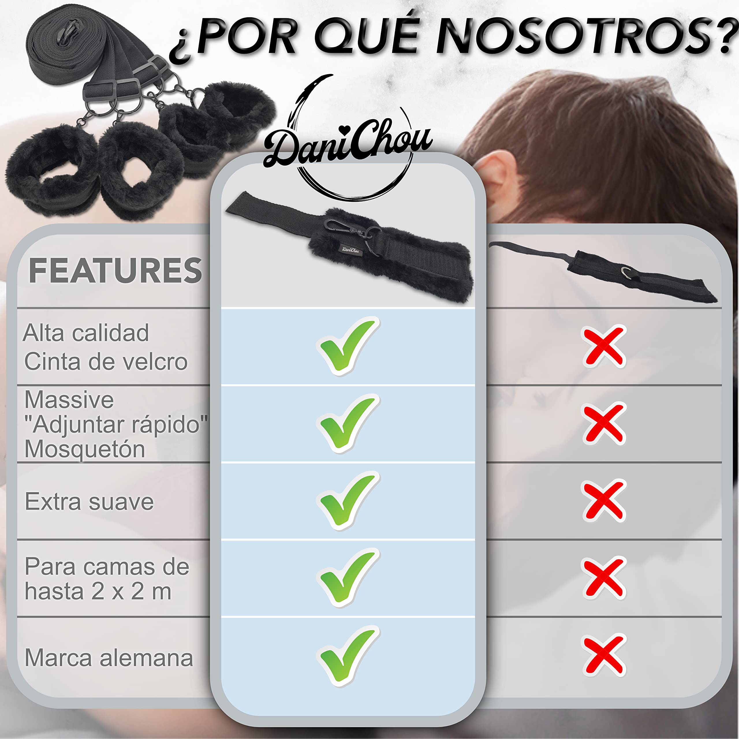 Sujeciones de cama DaniChou® Premium, extra felpa y mosquetón exclusivo, juego de ataduras y bondage, juguetes sexuales para cama, juego de bondage, juego BDSM para parejas, juego de juguetes
