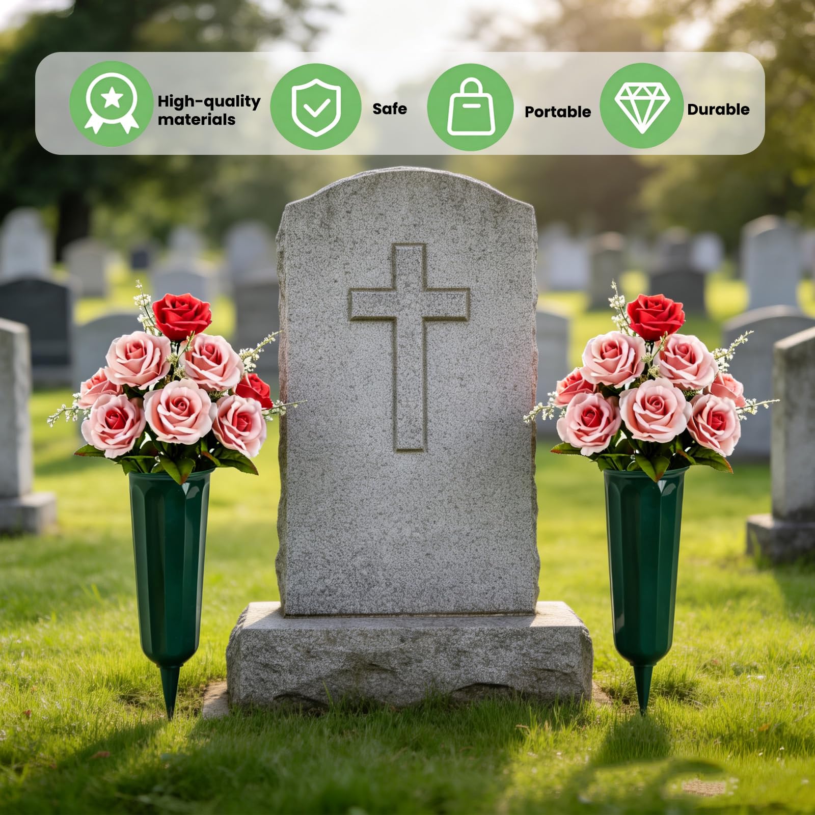 2 Stück Grabvase mit Erdspieß wetterfest Kunststoff Friedhofsvase Grab | Grabvasen mit Steckaufsatz Friedhofsvase Grabvase für Grabstätten Denkmal Friedhof Gartendekoration