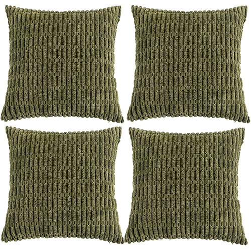 Fancy Homi 4 Packs Boho Moss Green Decorative Throw Pillow Covers 14x14 Inch for Couch Bed Sofa, Rustic Modern Farmhouse Home Decor, Soft Plush Corduroy Cute Square Cushion Case 35x35 cm