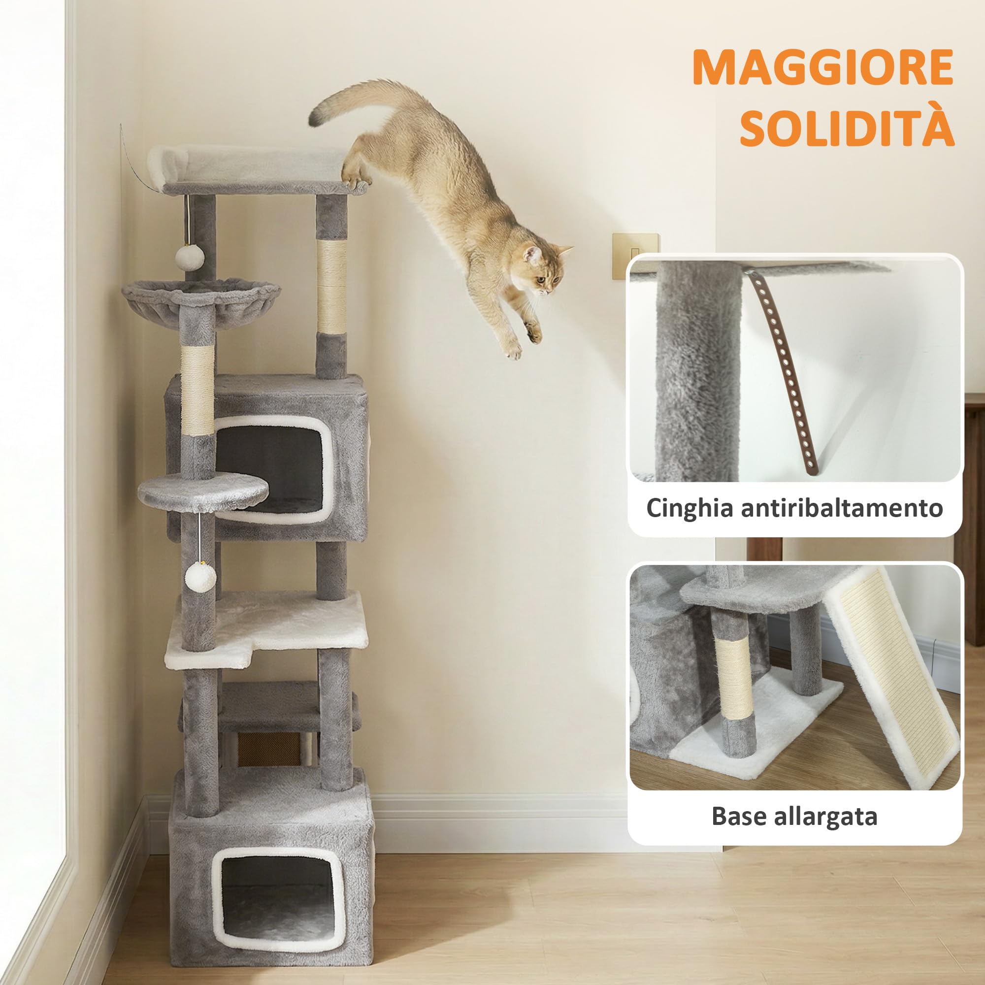PawHut Tiragraffi per Gatti Alto 165cm con 4 Pali Graffiatoi Sisal Grigio | Albero per Gatti Multilivello, 2 Grotte, Cuccia, Amaca, 4 Pompon, Piattaforme, Rampa, Torre per Gattini, in Peluche