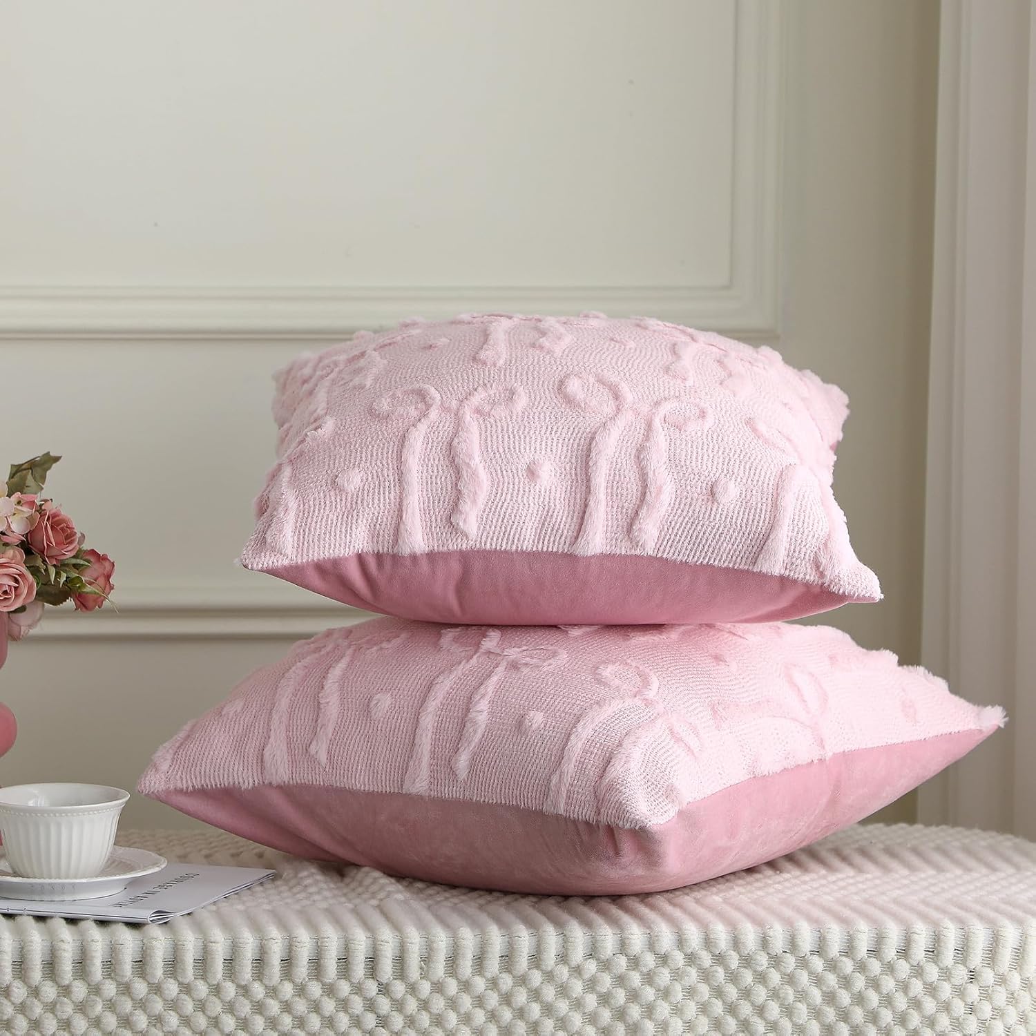 Mixweer Pink Bow Throw Pillow Covers 18x18 Set of 2 Coquette Decorative Pillow Covers Soft Plush Faux Wool Aesthetic Pillowcases Preppy Room Decor for Bed Sofa Couch Living Room - Image 7