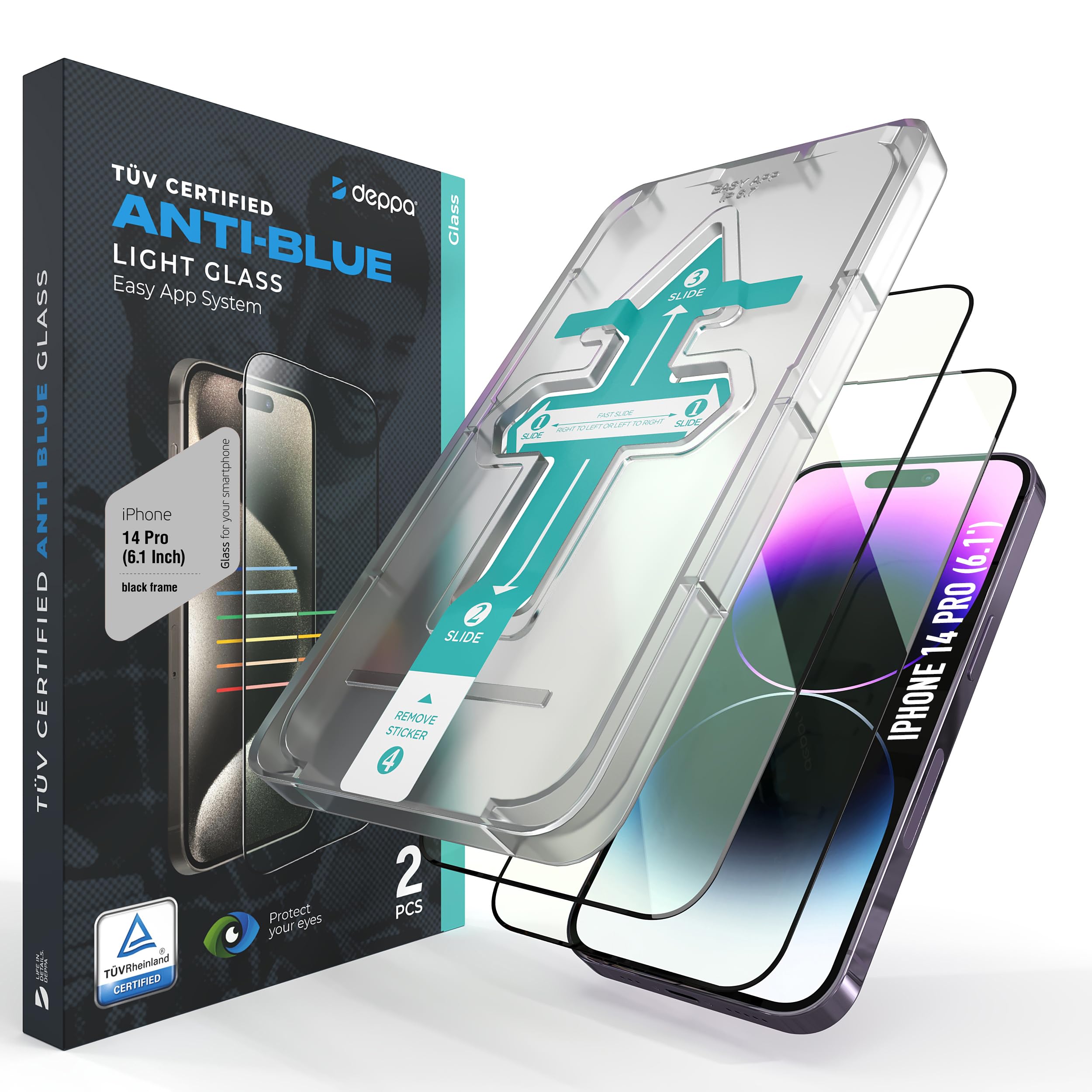 Deppa |2 Pack| Eye Safeguard TÜV Certified Anti-Blue Light Screen Protector for iPhone 14 Pro (6.1') Tempered Glass Edge to Edge Full Cover with Easy Installation Kit Tray