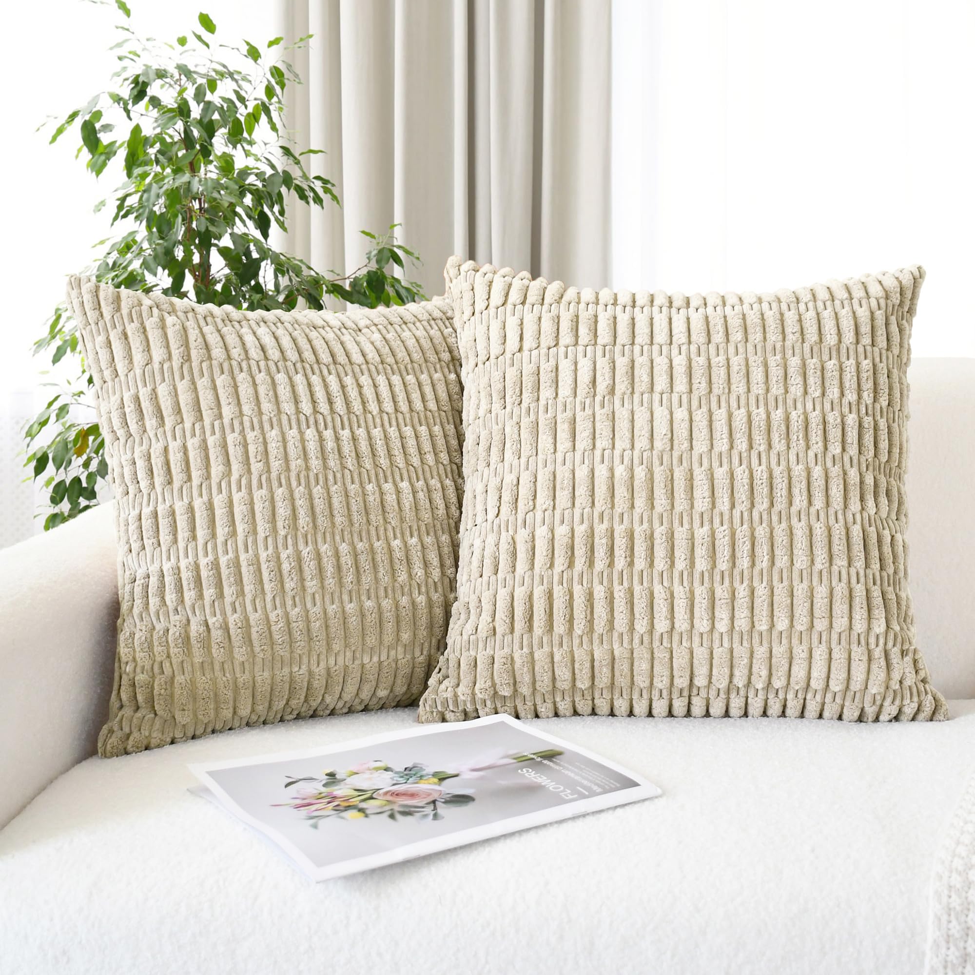 CaliTime Throw Pillow Covers Pack of 2 Comfy Corduroy Boho Striped Decorative Cushion Cases for Couch Sofa Bed Farmhouse 45 x 45cm Taupe — image 1