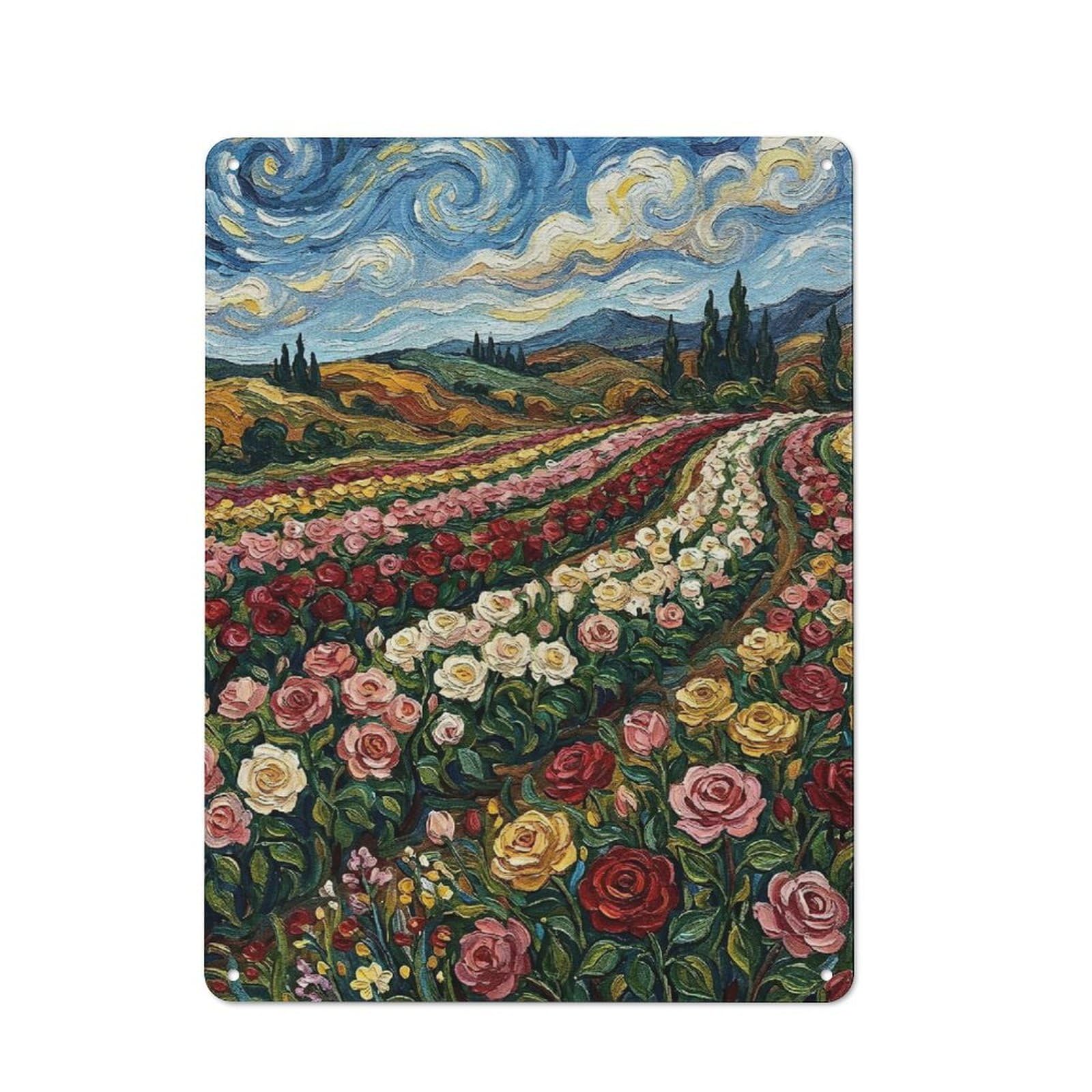 Junmoney Style-16 Understated Rose Field Painting In Van Gogh Style Metal Wall Plaque 40X30cm, Creative Space Decor For Office, Study, Studio Or Hallway