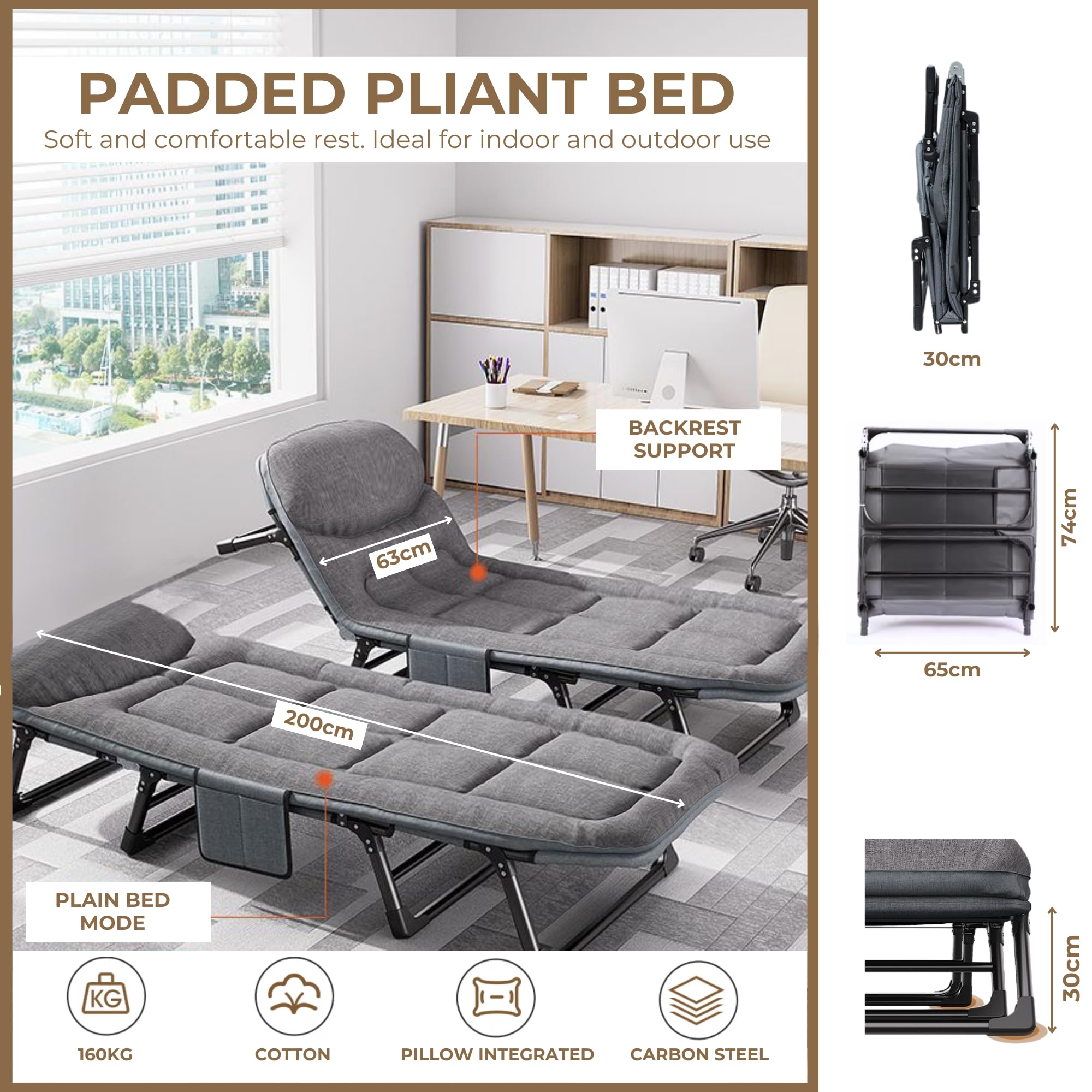 Letto da Campeggio Portatile Imbottito. Lettino Pieghevole da Campeggio. Lettino da Campo.Lettino da Viaggio con Cuscino, Tasca. Cotone e Lino. Approccio al Carbonio (200x63 cm).