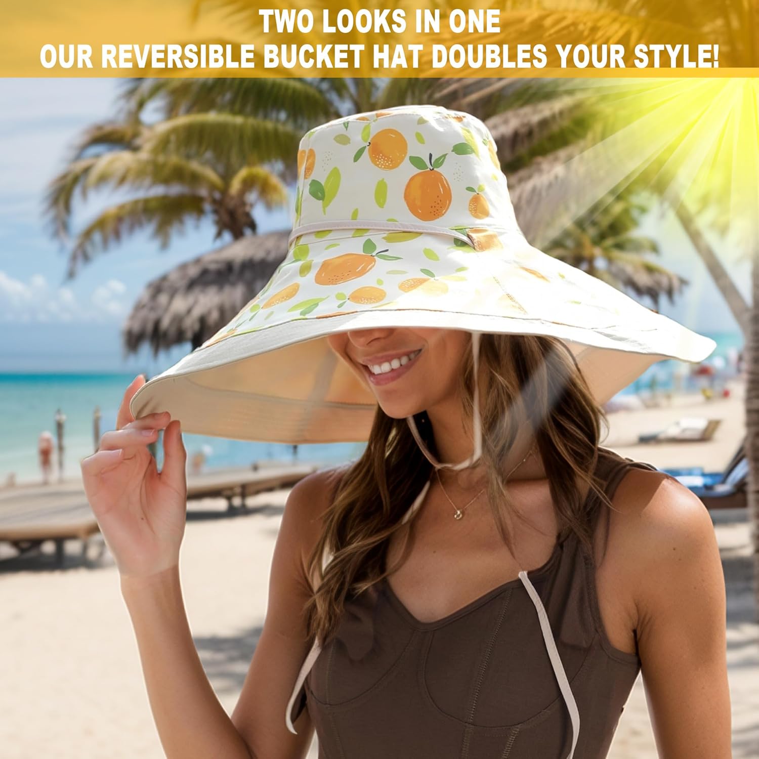Women's Wide Brim Sun Hats UV Protection - Reversible Bucket Hat Foldable Beach Hat with Chin Strap Summer Hat for Travel - Image 3