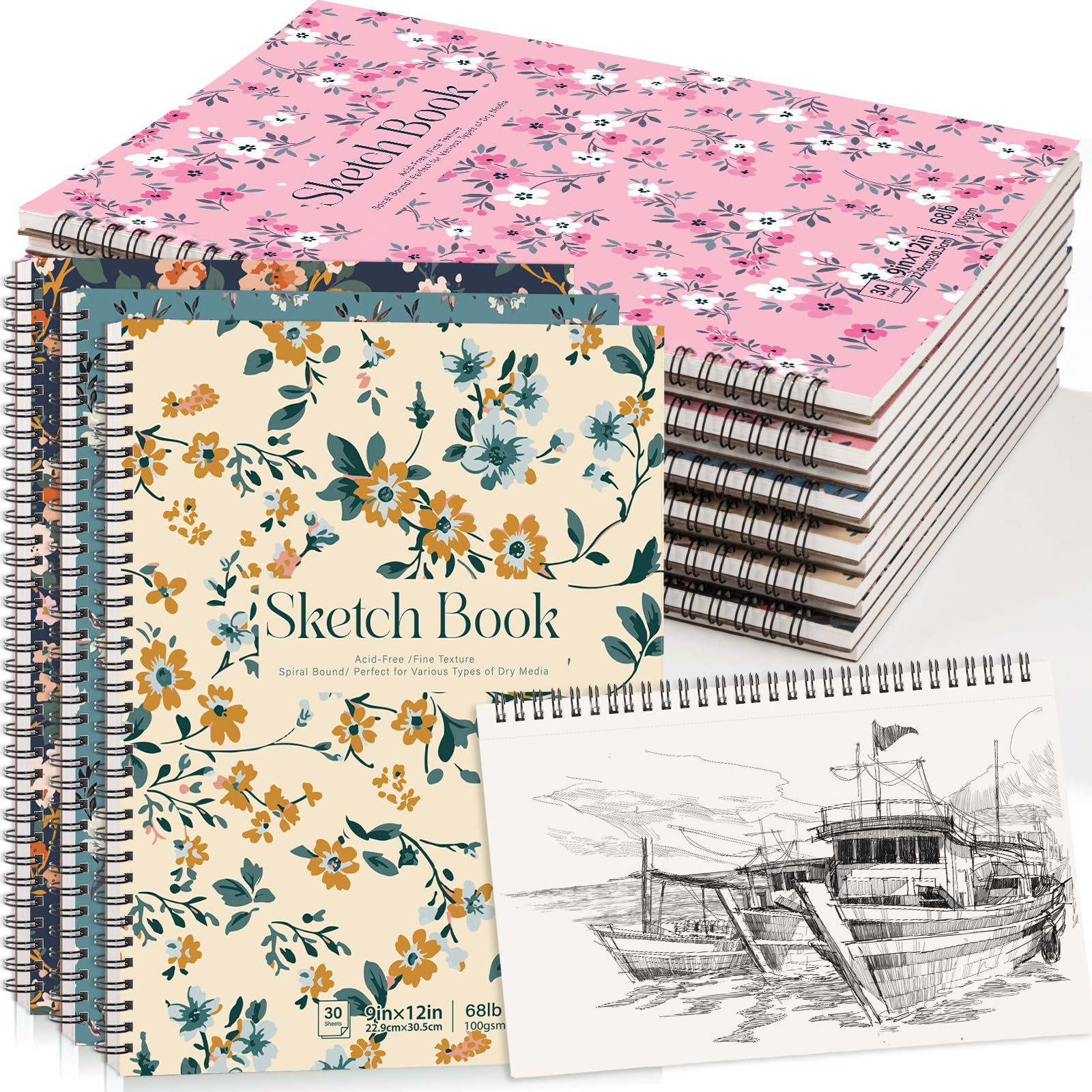 Confezione da 12 quaderni da disegno, 22,9 x 30,5 cm, 30,8 kg/100 g/m², rilegatura a spirale, senza acidi, forniture artistiche per disegni e schizzi per artisti femminili (30 fogli ciascuno)