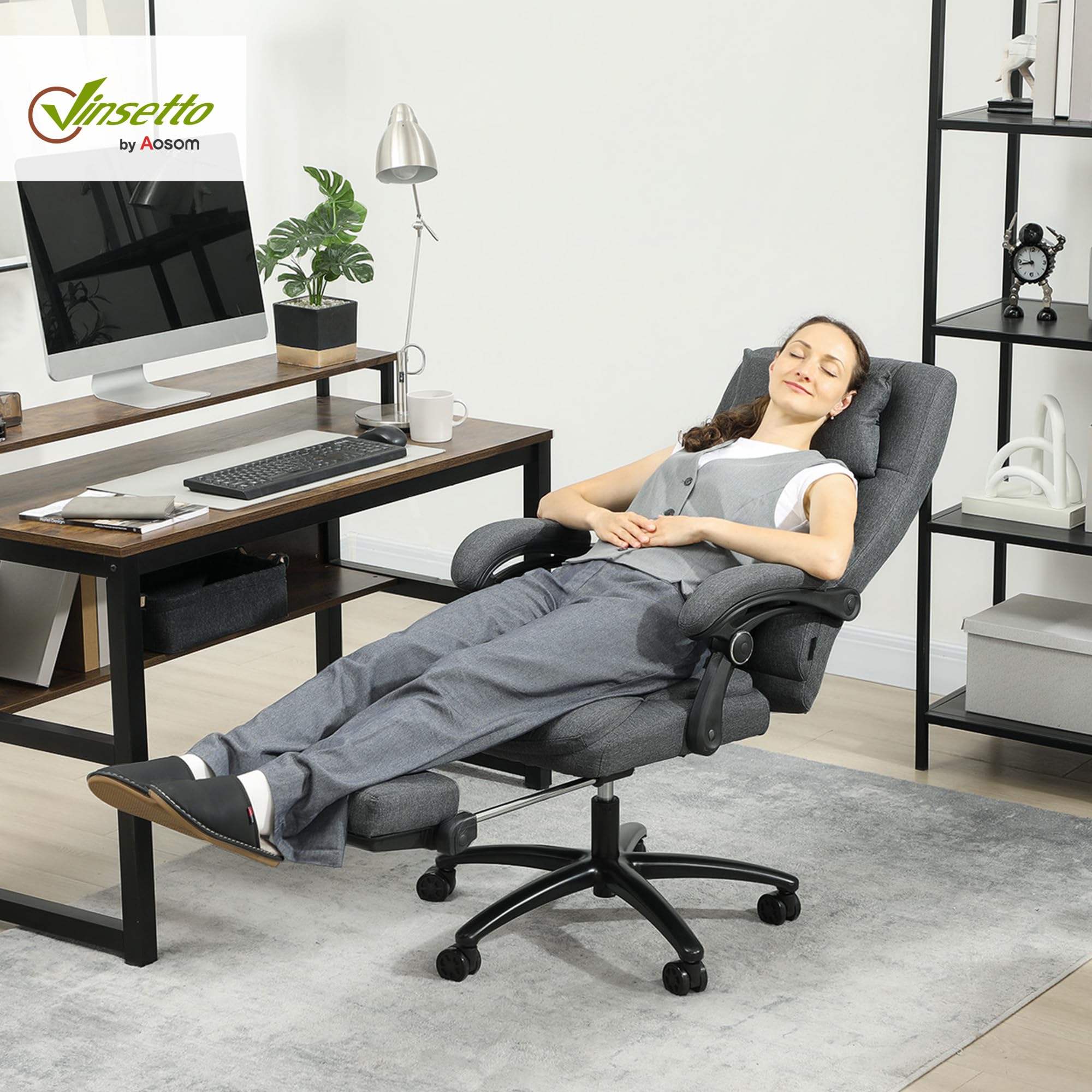 Vinsetto Bürostuhl mit Massagefunktion Ergonomischer Chefsessel mit Liegefunktion, Fußstütze Höhenverstellbar 360° Drehbar Schreibtischstuhl mit Kopfstütze, USB-Schnittstelle, Leinenoptik, Dunkelgrau