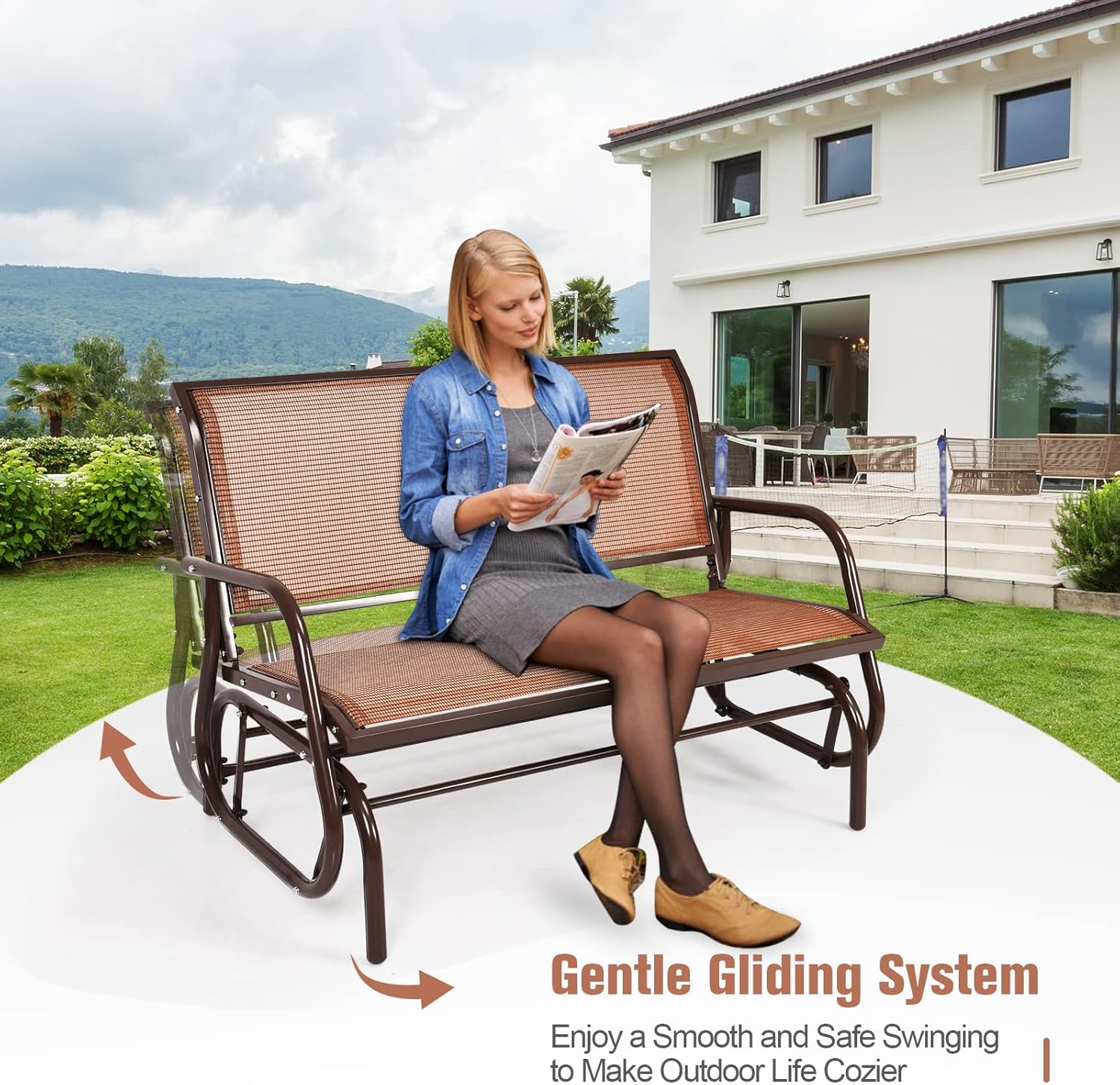 Swing Glider Chair 48" Steel Frame Patio Outdoor Rocking Loveseat Seating Bench,Double Swing Rocking Chair,2 People Swing Lounge Glider Chair for Backyard Garden Porch (Brown)