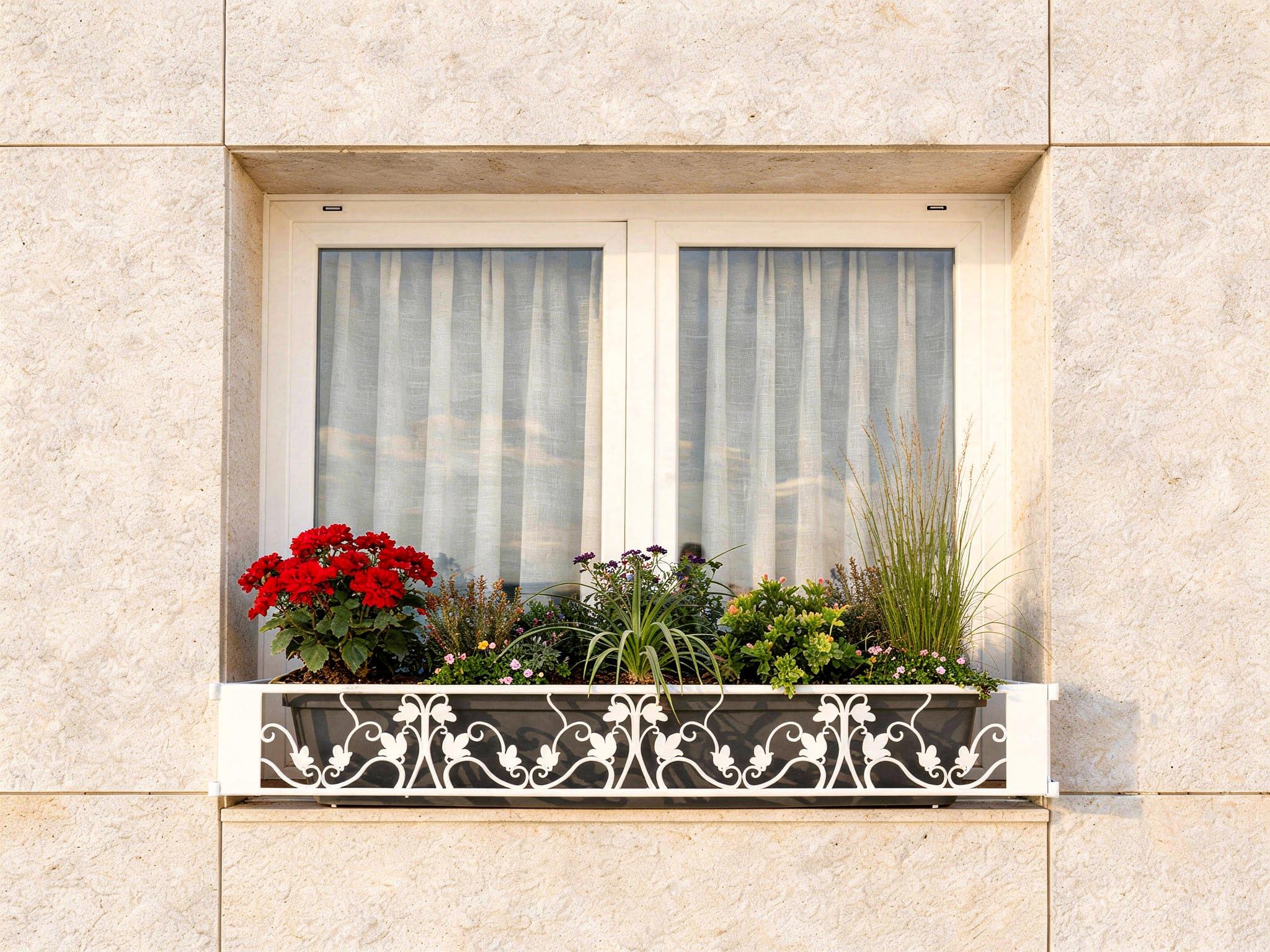 Balconcillo para Macetas, Balconcillo para Plantas, Portamacetas Ventana, Protector de macetas, Modelo Floral Extensible 100-140 cm, Blanco