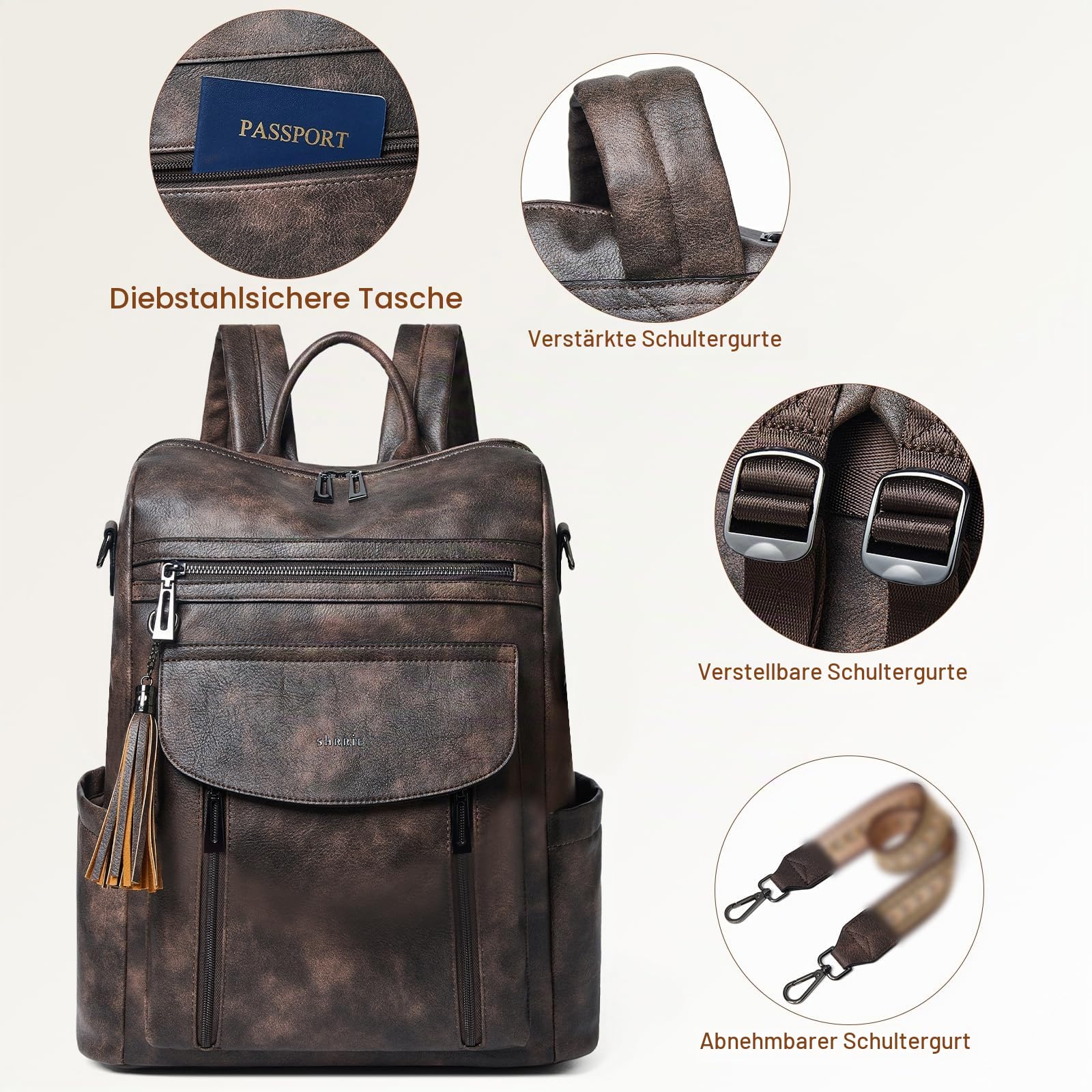 Shrrie Laptop-Rucksack für Damen, 15,6 Zoll Reise-Rucksack aus Leder, Handgepäck-Rucksack Computertasche wasserabweisend für College Business Arbeit Freizeit Tagesrucksack
