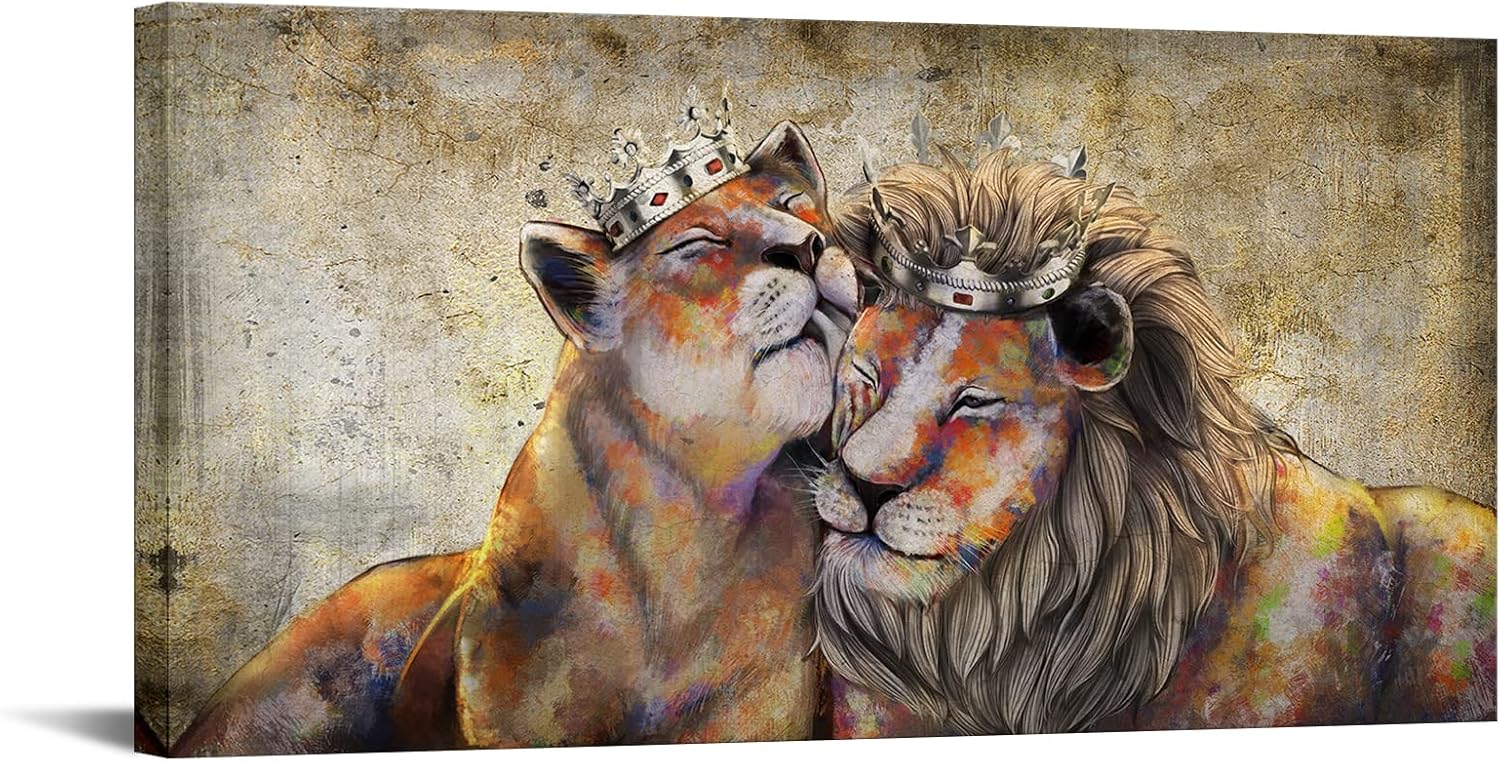 Canvbay Animal King Canvas Wall Art Lion and Lioness with Gold Crown Picture Romantic Couple Artwork Painting for Bedroom Modern Home Decoration Stretched and Framed Ready to Hang 20x40inch