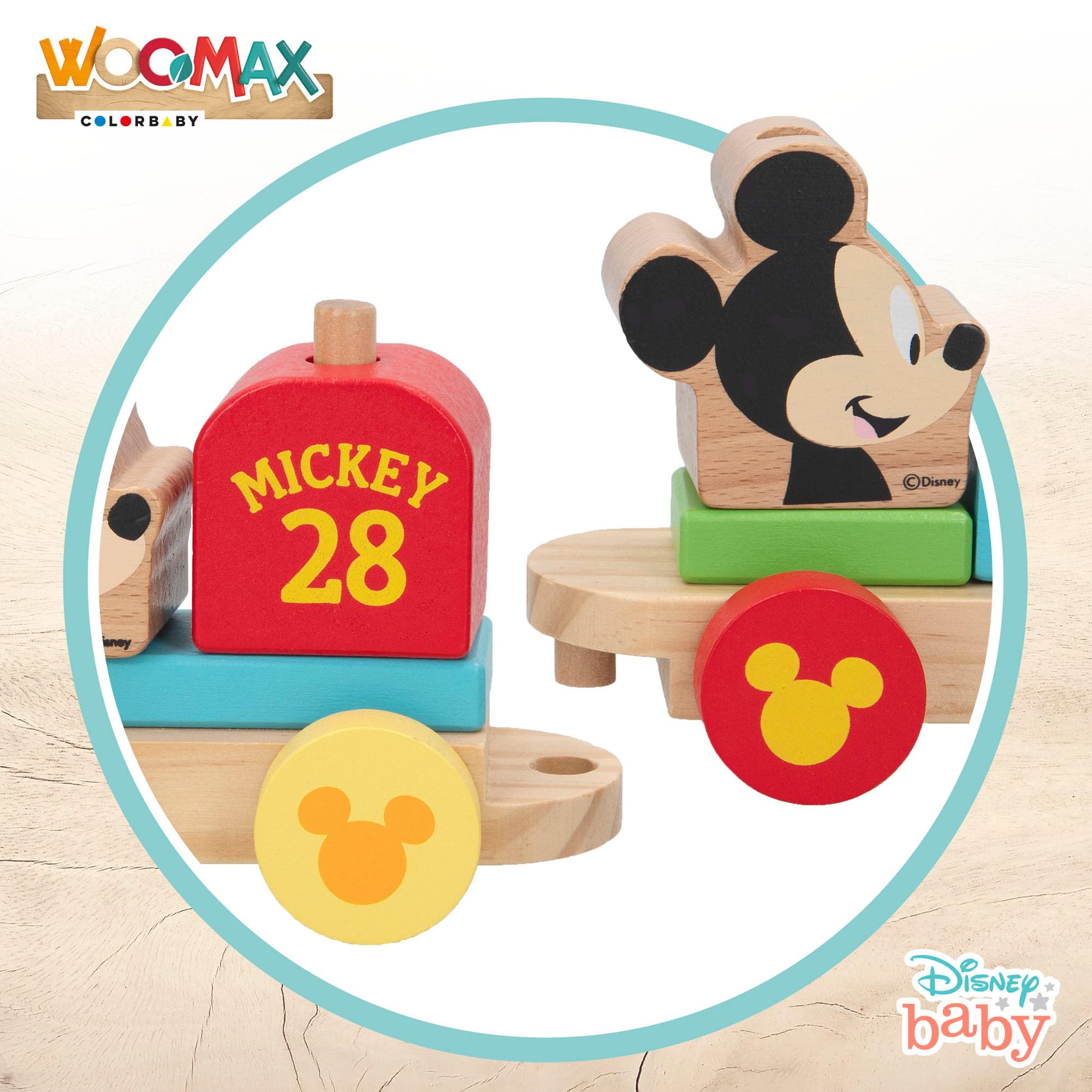 WOOMAX Disney Mickey Mouse, Juguete Tren Madera, Formas Encajables, Juguetes Niños 2 Años, Bebe 18 Meses, Educativos, Preescolar, Infantil, 48702