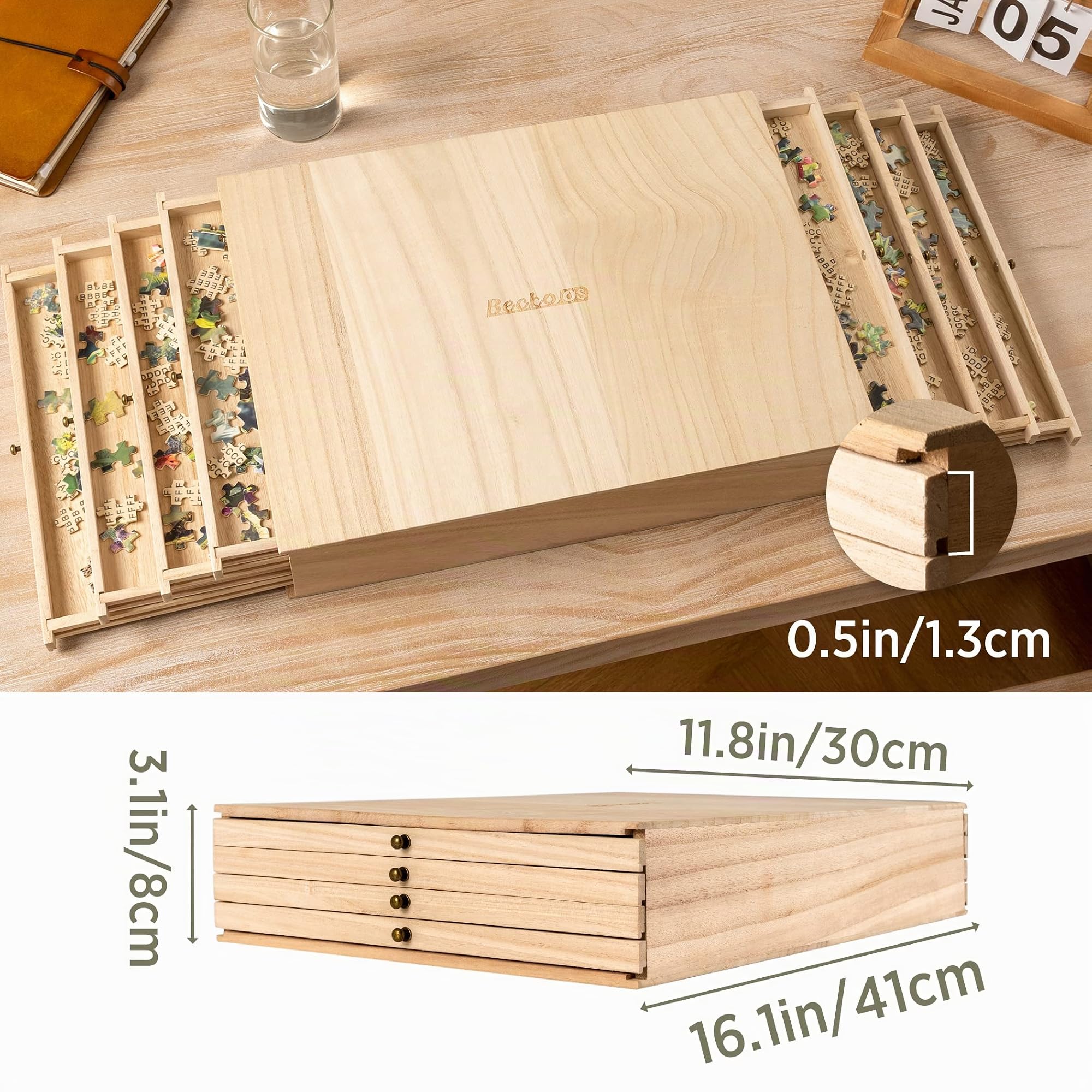 Becko US Plateaux de tri en bois avec tiroir coulissant, 8 trieurs puzzle pour le rangement, plateau de tri et de rangement d'accessoires de puzzle, léger et portable