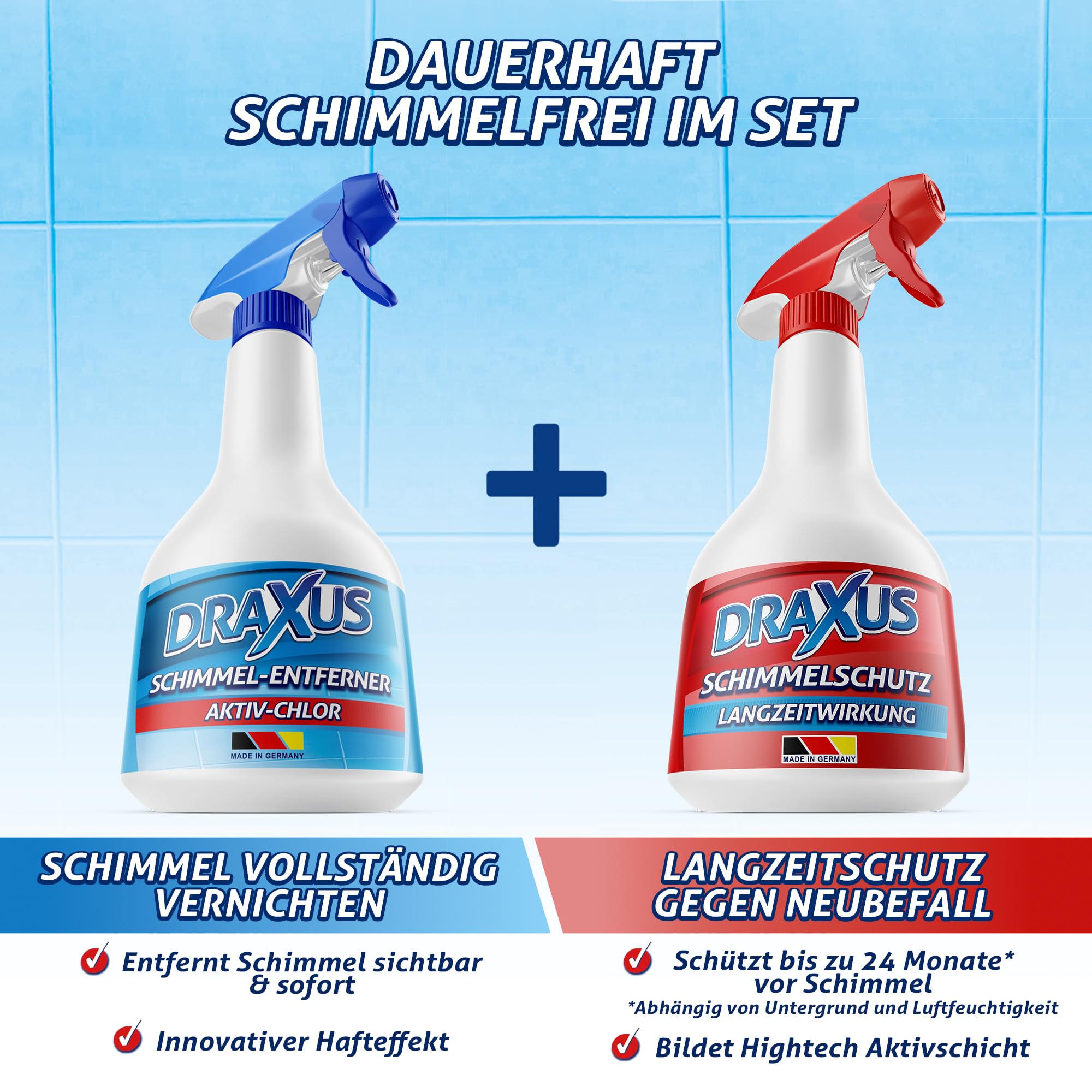 DRAXUS Schimmelstop Set I Schimmelentferner mit Hafteffekt + Schimmelschutz Spray I Schimmel vernichten & Neubefall stoppen I Bis zu 24 Monate Langzeitschutz I 2x 500 ml