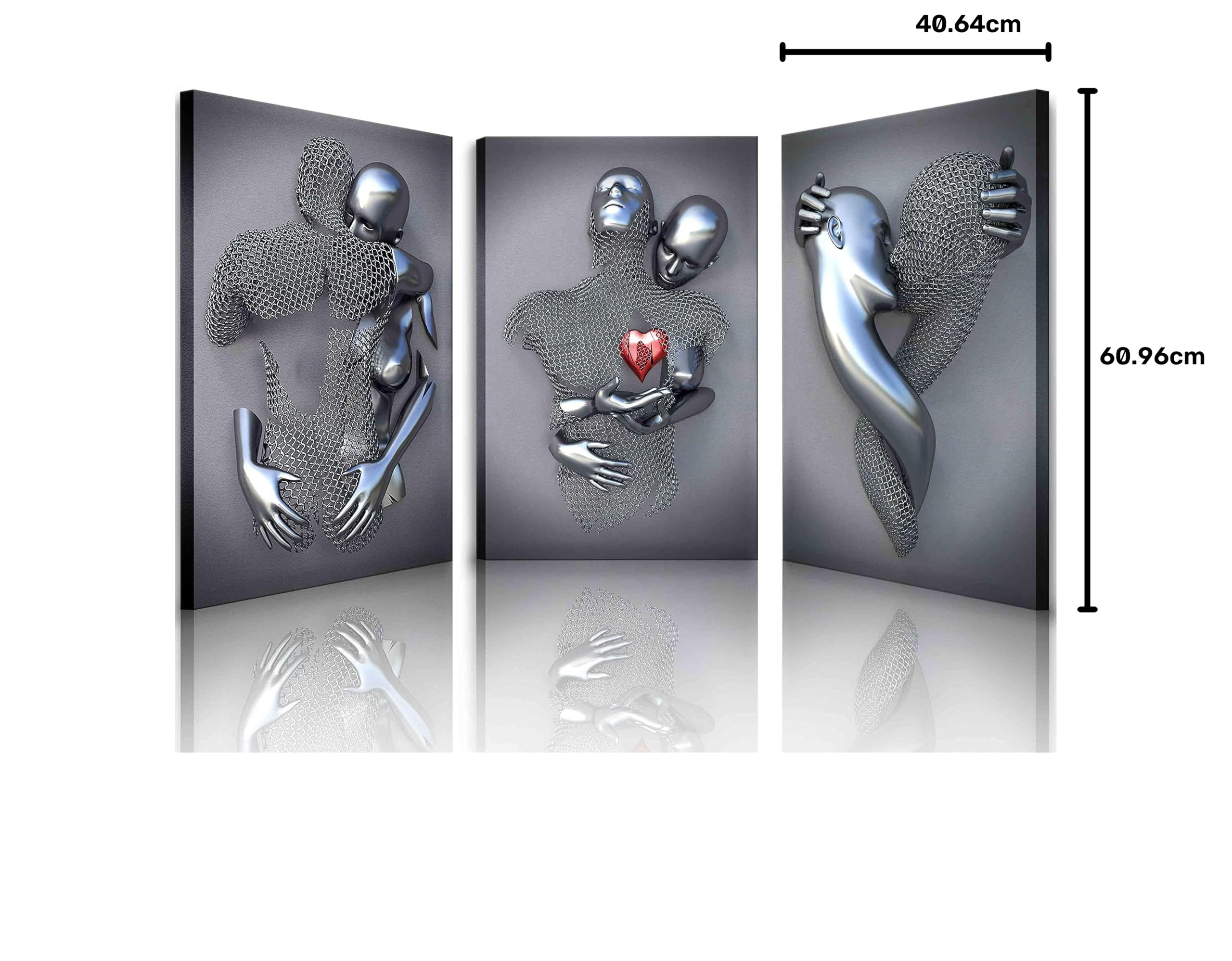 Arte da parete con cornice per camera da letto effetto metallo 3D amore cuore coppia decorazione artistica da parete per soggiorno 3 pezzi stampe moderne astratte grigio nero e bianco su tela poster