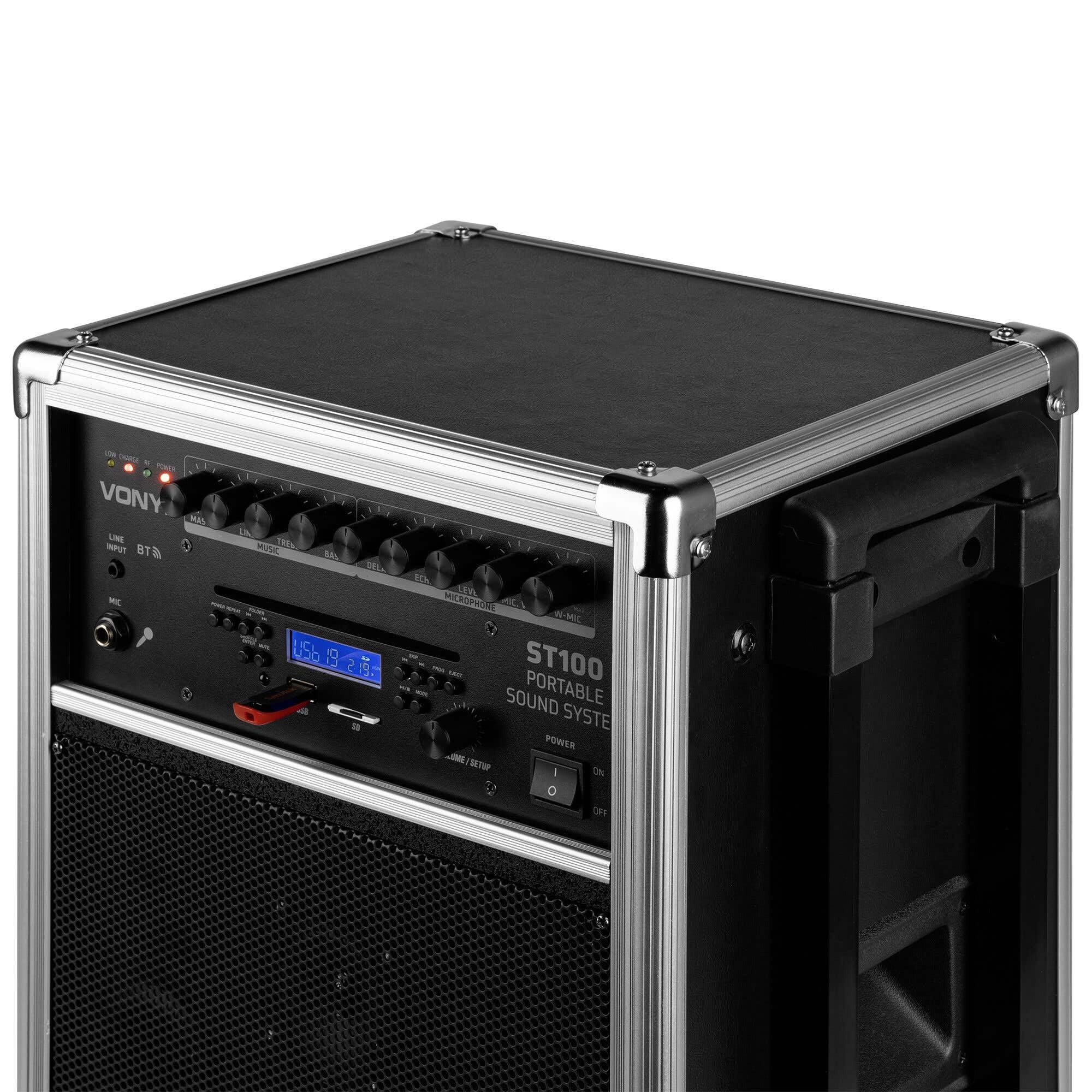 Vonyx ST100 Mobiler Akkulautsprecher mit 2 drahtlosen UHF-Mikrofonen, 1 kabelgebundenem Mikrofon, Bluetooth, USB- und SD-Anschluss, CD-Player und Fernbedienung