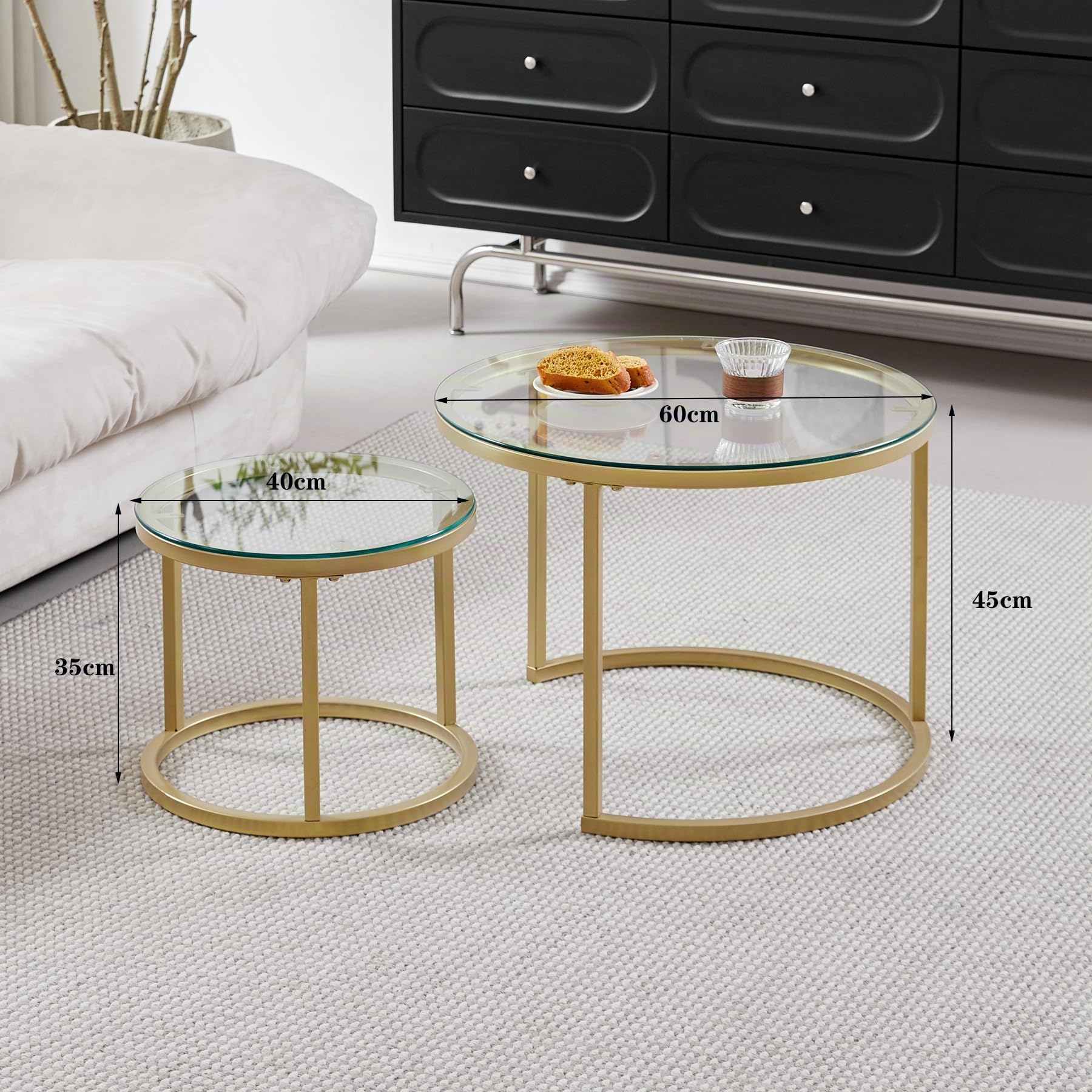 Set di 2 Tavolini da Caffè Rotondi con Piano in Vetro, Tavolini Rotondi a Incastro, Grande: 60 x 60 x 45 cm; Piccolo: 40 x 40 x 35 cm (Vetro Oro)