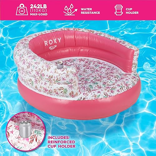 Miniatura 4 de ROXY Flotador de silla de piscina floral blanca  Tumbona inflable de lujo con respaldo y soporte para tazas, duradera y cómoda silla de piscina para