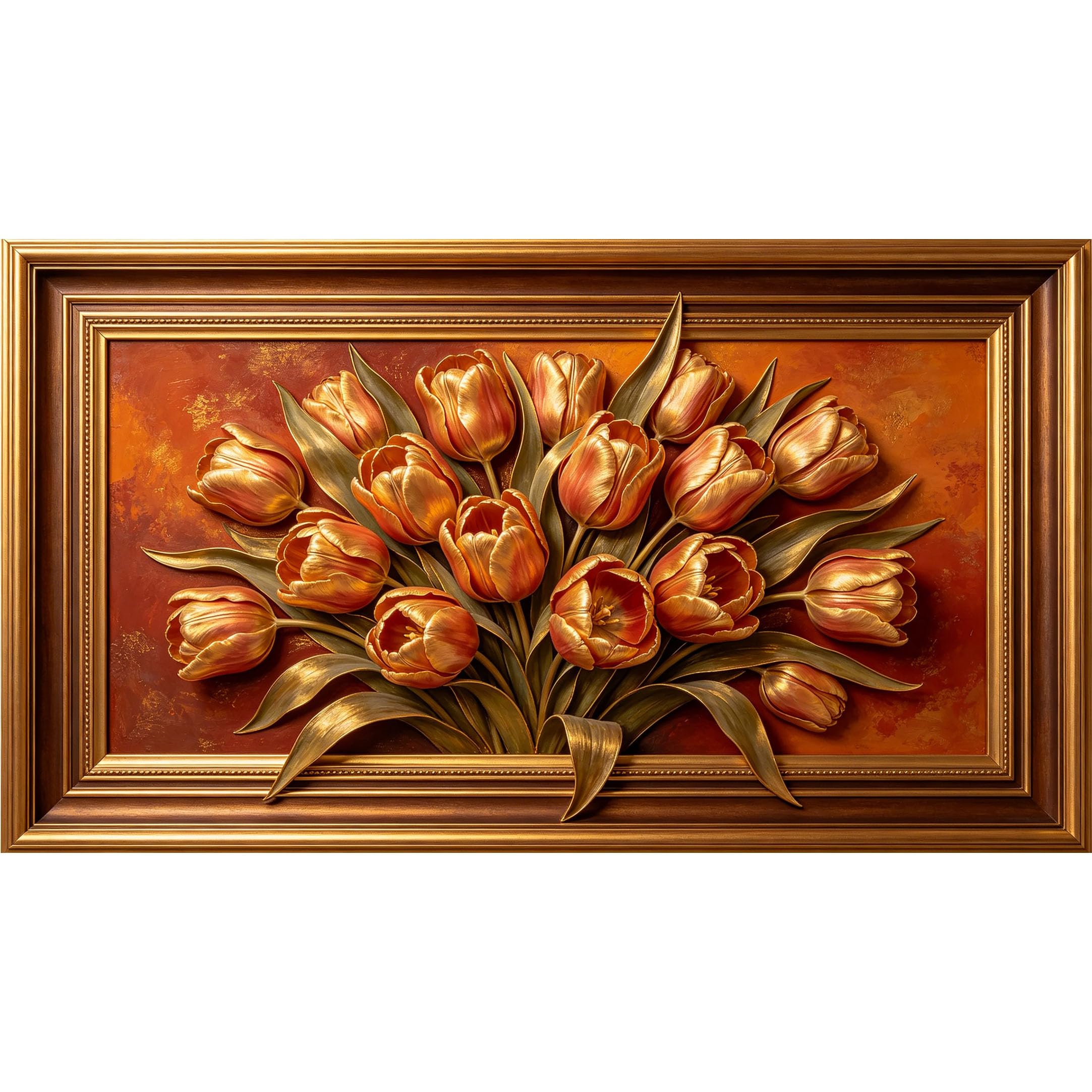 QZLITHOTIC 50x90cm3D Framed Wall Art， Golden Tulip Botanical Self‑Adhesive Mural， Water‑Activated Peel & Stick Fabric Decor Wall Decal for Bedroom Living Room