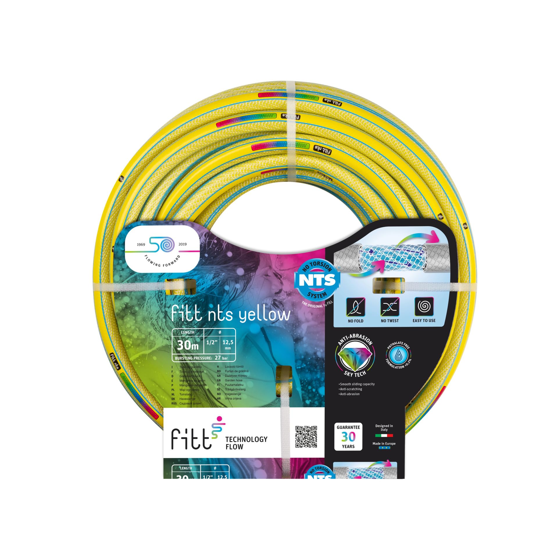 FITT NTS Yellow 1/2" (12,5mm) 30m - Strong and malleable Yellow Garden Watering Hose for Intensive Use Featuring Exclusive Technologies