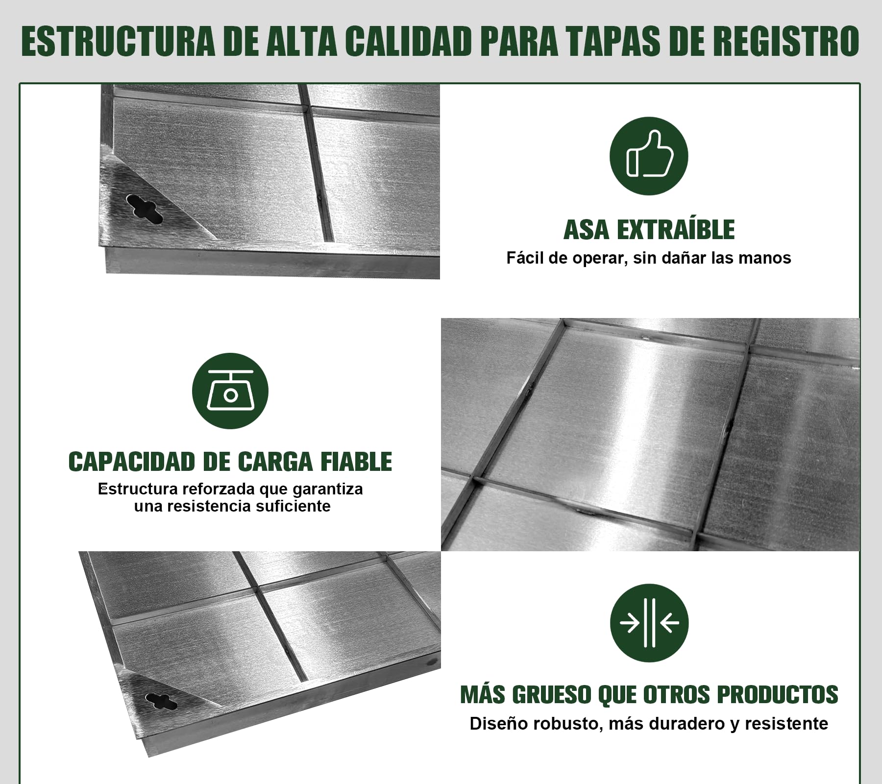 Tapa de alcantarilla 300 x 300 mm, acero inoxidable, empotrada con base cuadrada, tapa de inspección, invisible, para interiores y exteriores