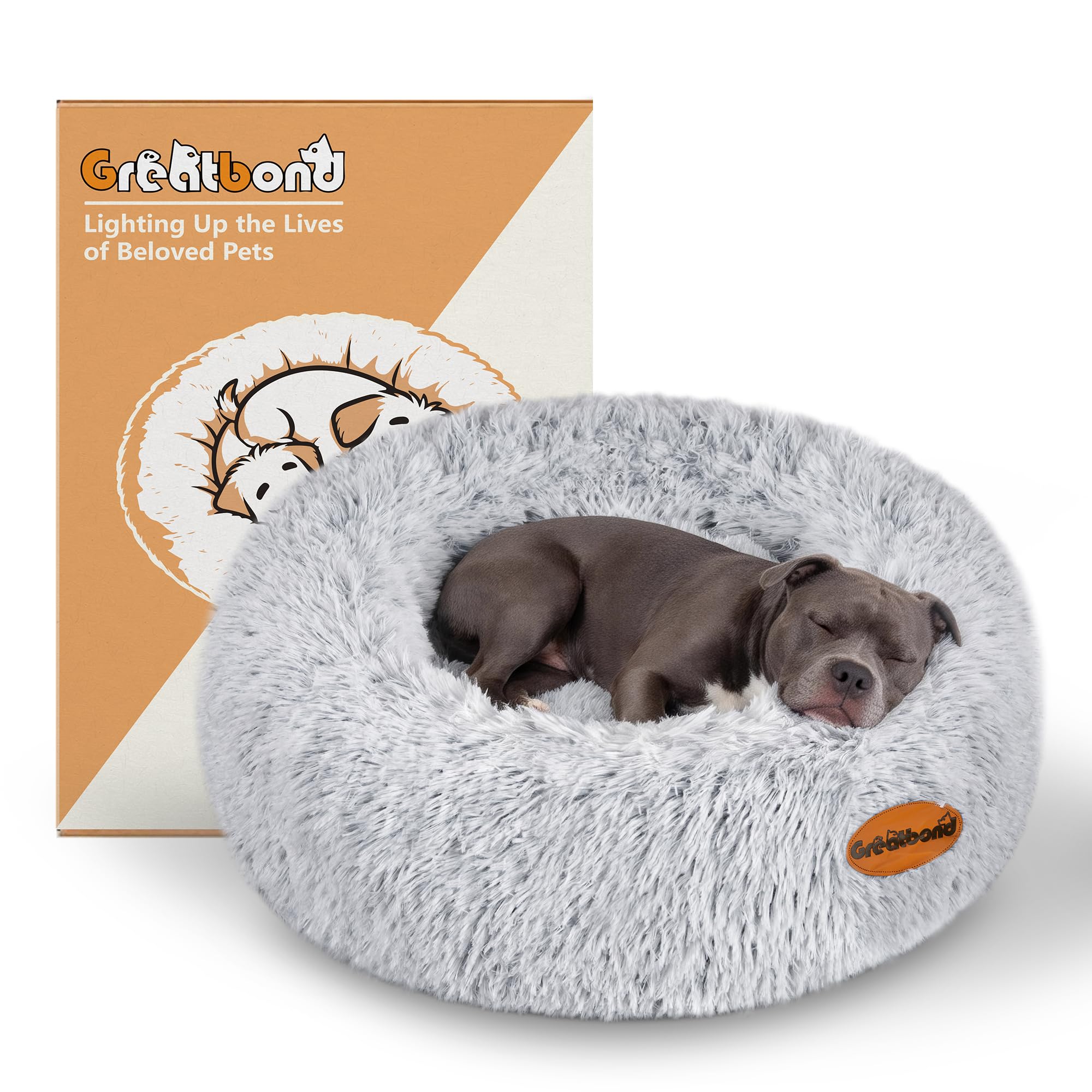 Greatbond Donut Dog Bed, 80cm Round Dog Bed with Removable Washable Cover & Foam Filling for Small Medium Dogs and Cats,Cute Pet Bed with Comfort Fluffy Plush Fur & Anti Slip Bottom，Grey