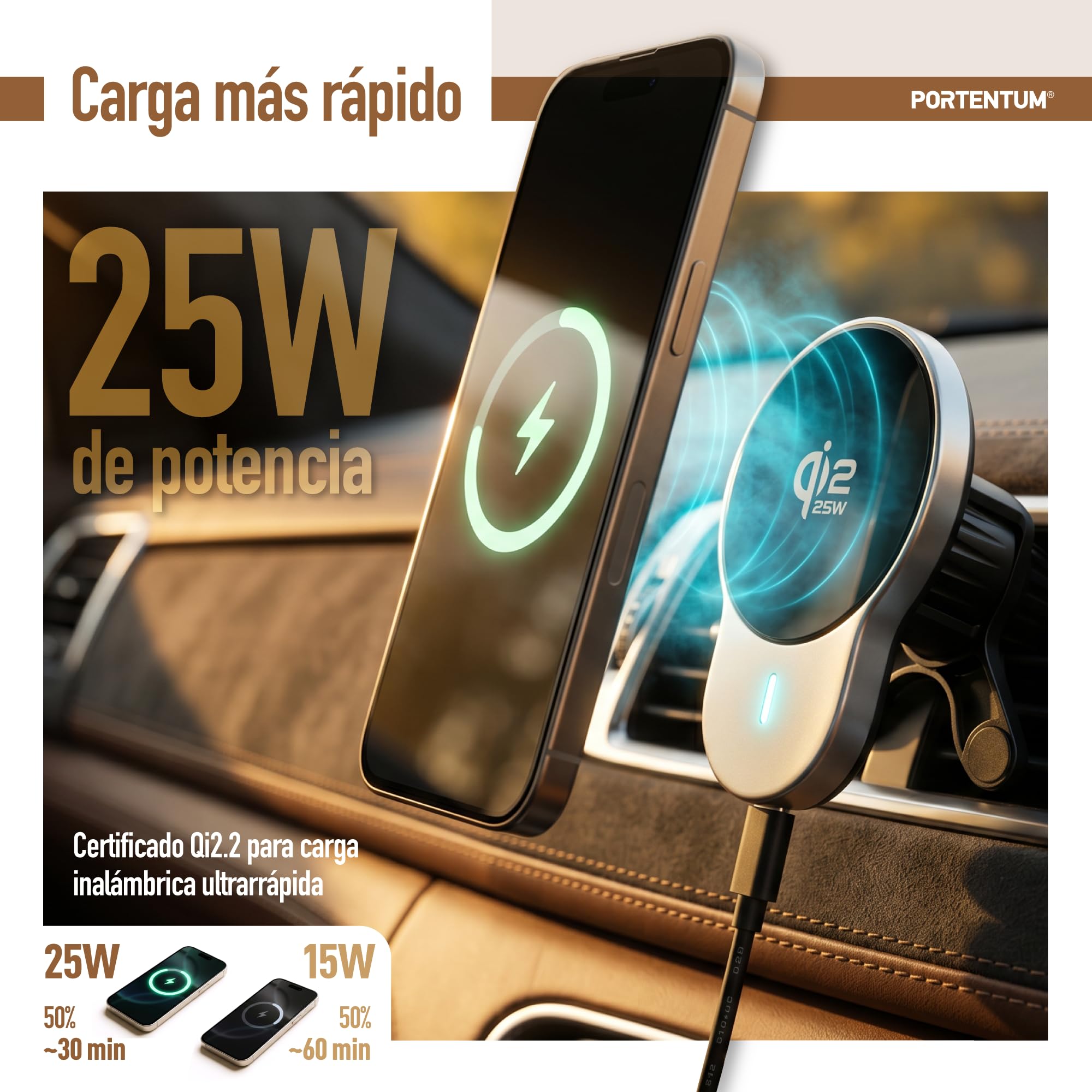 PORTENTUM Cargador inalambrico Coche Qi2.2 25W Certificado en 2026 – Refrigeración Activa – Potentes imanes N52 – Soporte magnetico movil Coche y Cable USB-C 60W – Compatible con MagSafe, iPhone y Qi
