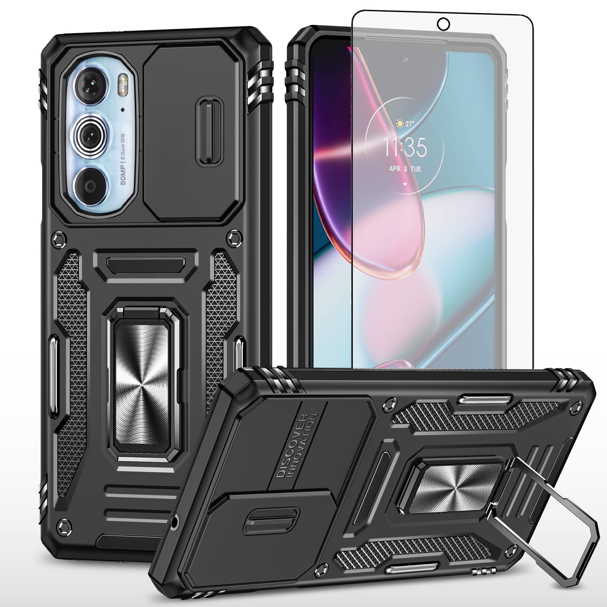 Asuwish Phone Case for Motorola Edge+ Plus 2022/Edge X30/30 Pro with Tempered Glass Screen Protector and Slide Camera Cover Ring Holder Kickstand Cell