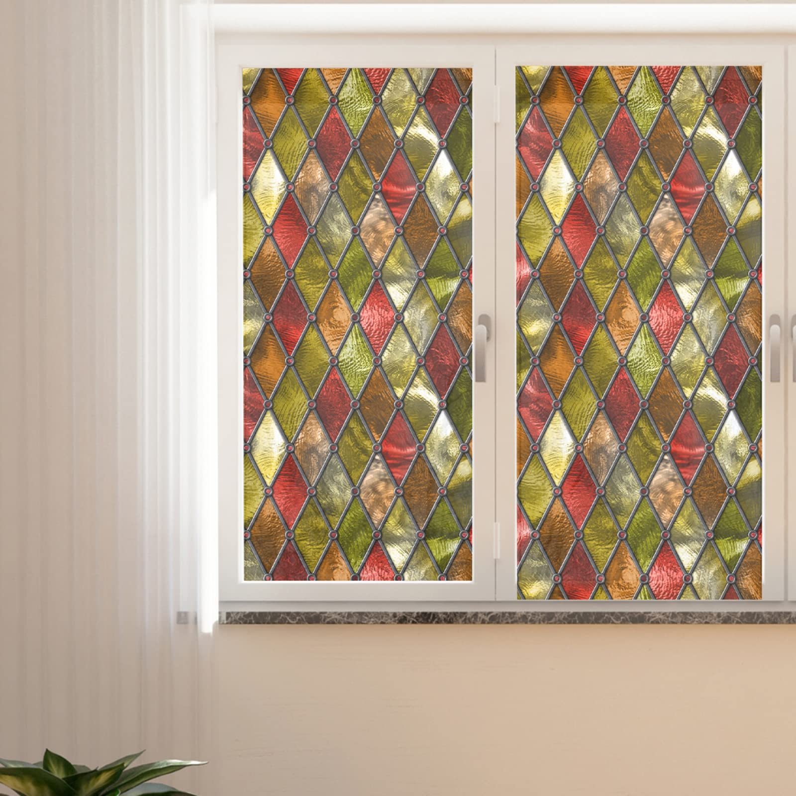 Opaque window film privacy film,Selbstklebend ohne Klebstoff Fensterfolie,Decorative Anti-UV Film,farbige Raute ,Privatsphäre Schutzfolie Matt Für Bad Büro Wohnzimmer(75cmx200cm)