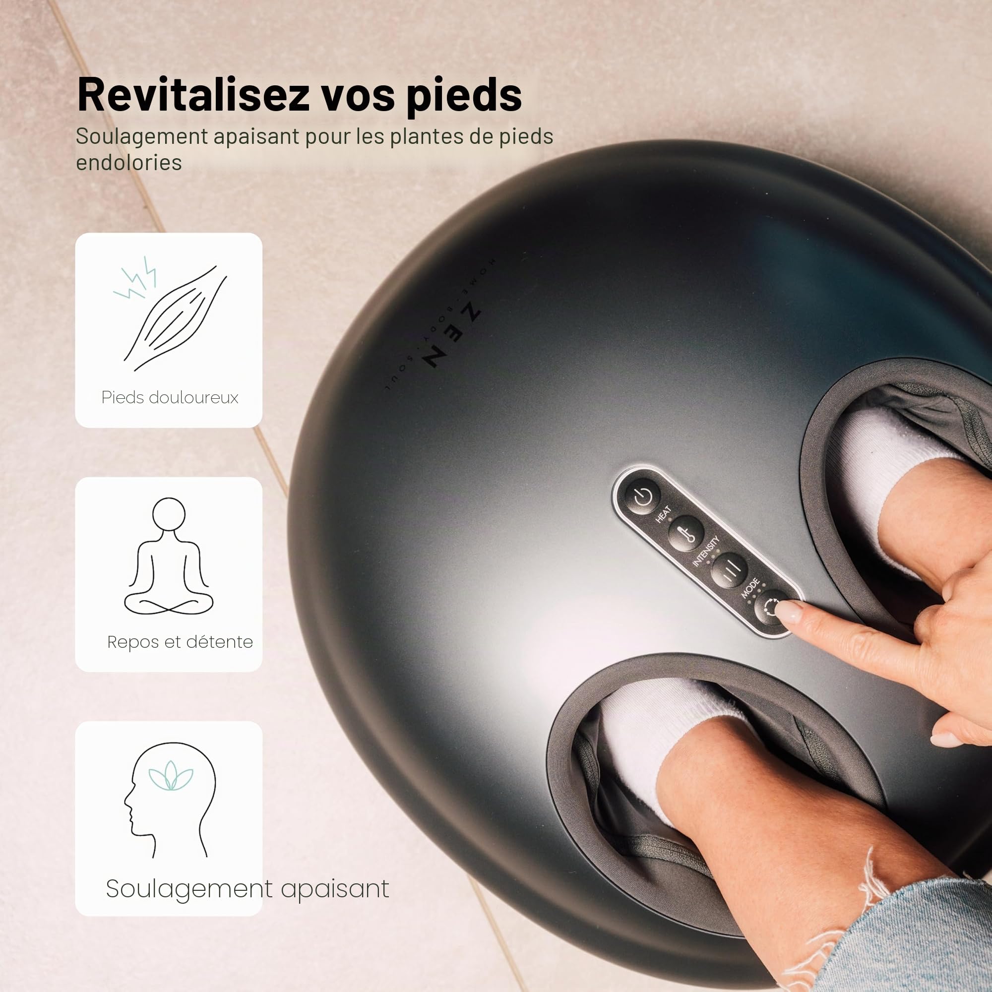 Masseur de Pieds Zen Macchu Picchu - 3 types de massage: Shaitsu, par roulement, par compression d'air - 3 intensités - Adapté aux pieds de grandes tailles - Chaleur apaisante